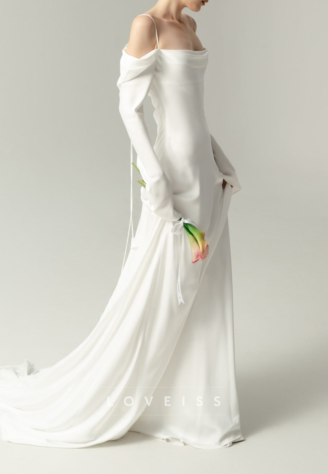 Off-Shoulder Spaghetti Straps Long Sleeves Sheath Wedding Dress
