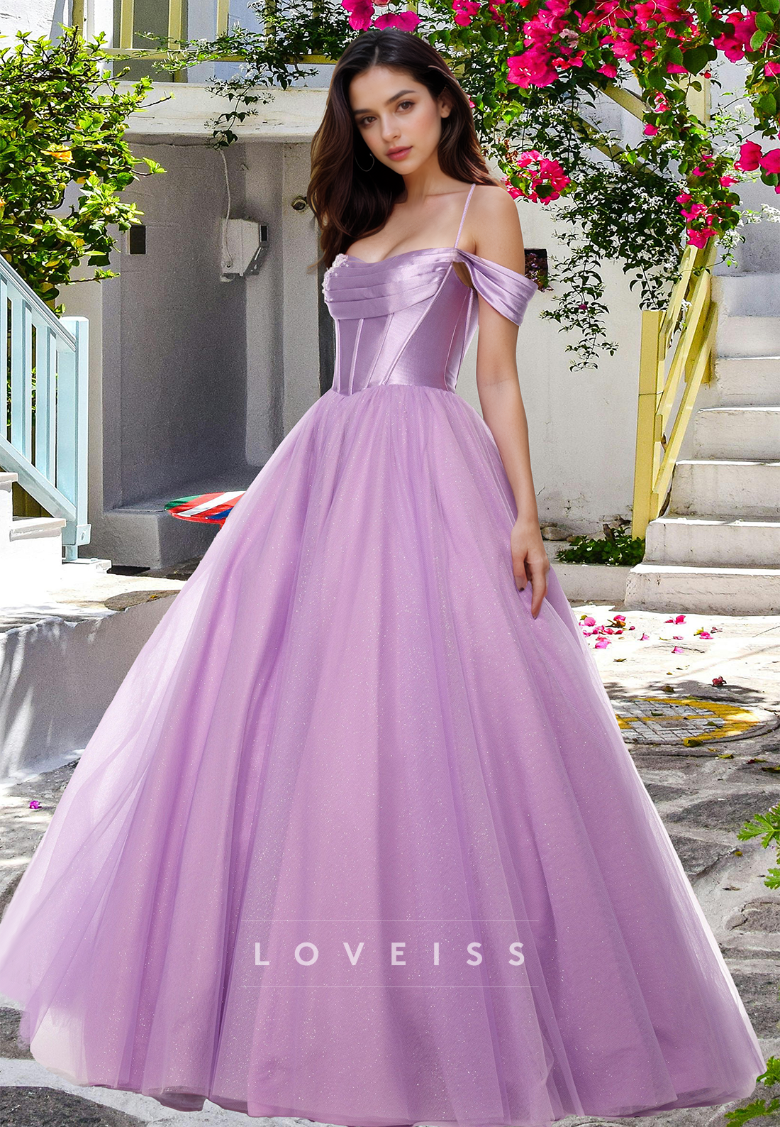 Off-Shoulder Spaghetti Straps Pleated A-Line Prom Dress