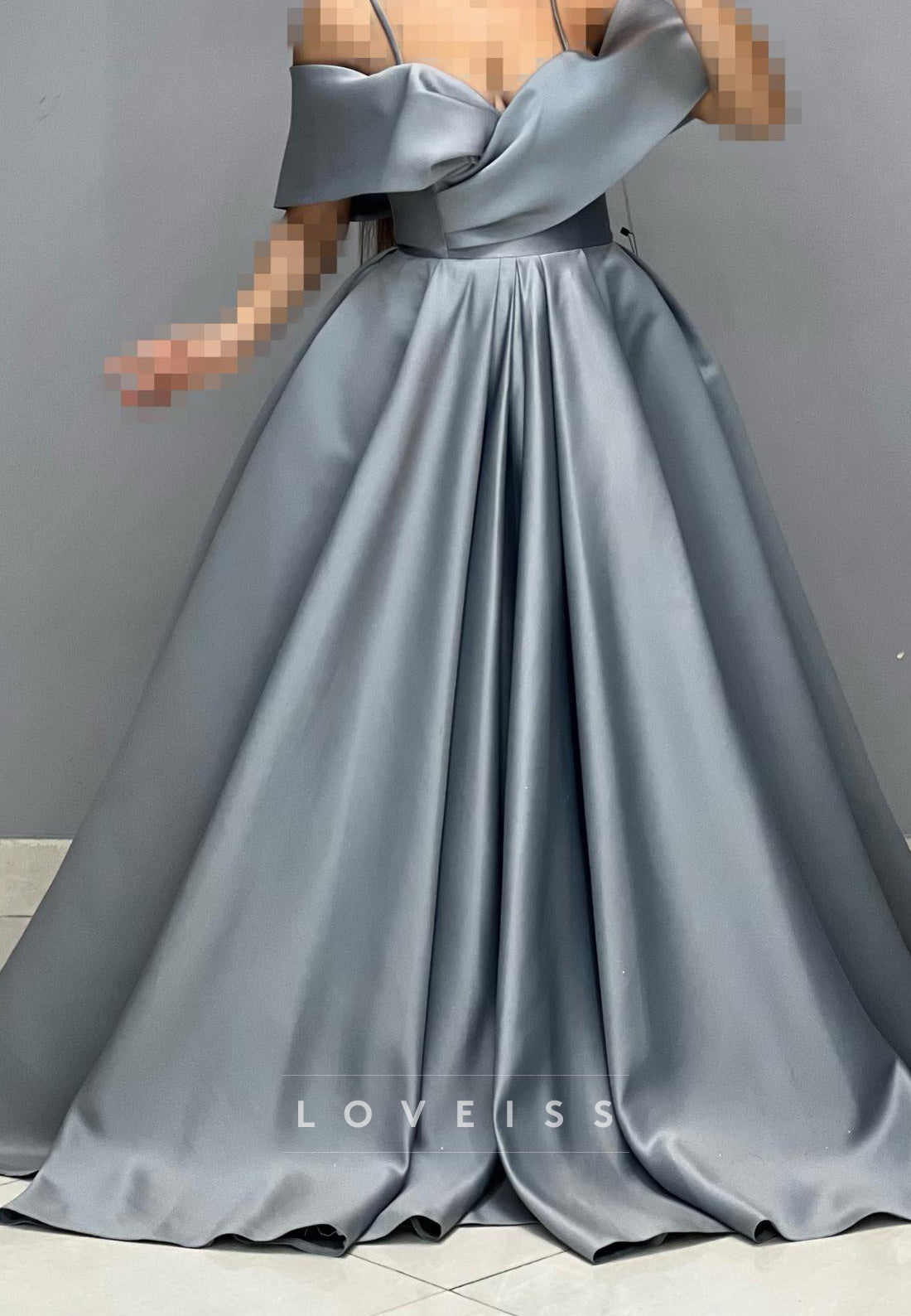 Off-Shoulder Spaghetti Straps Pleated Satin A-Line Prom Dress