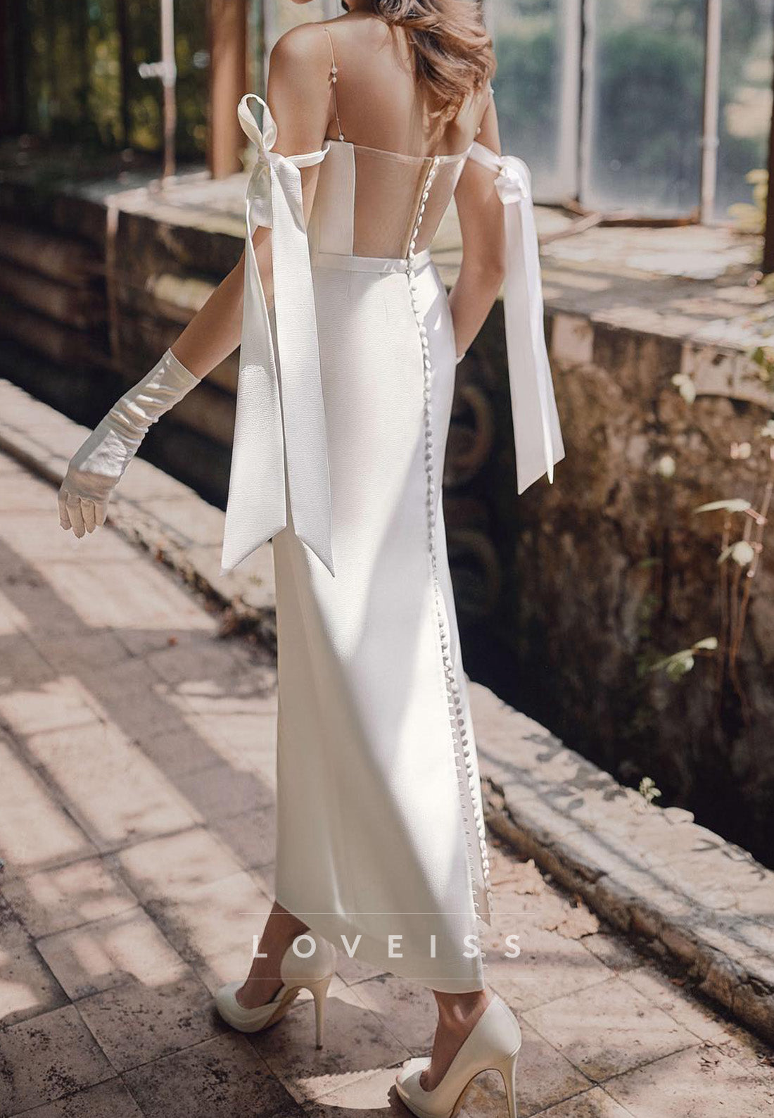 Off-Shoulder Spaghetti Straps Sleek Sheath Midi Weeding Dress
