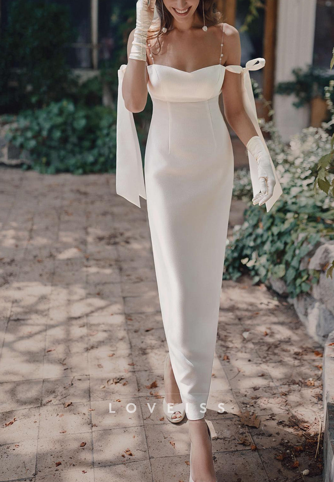 Off-Shoulder Spaghetti Straps Sleek Sheath Midi Weeding Dress
