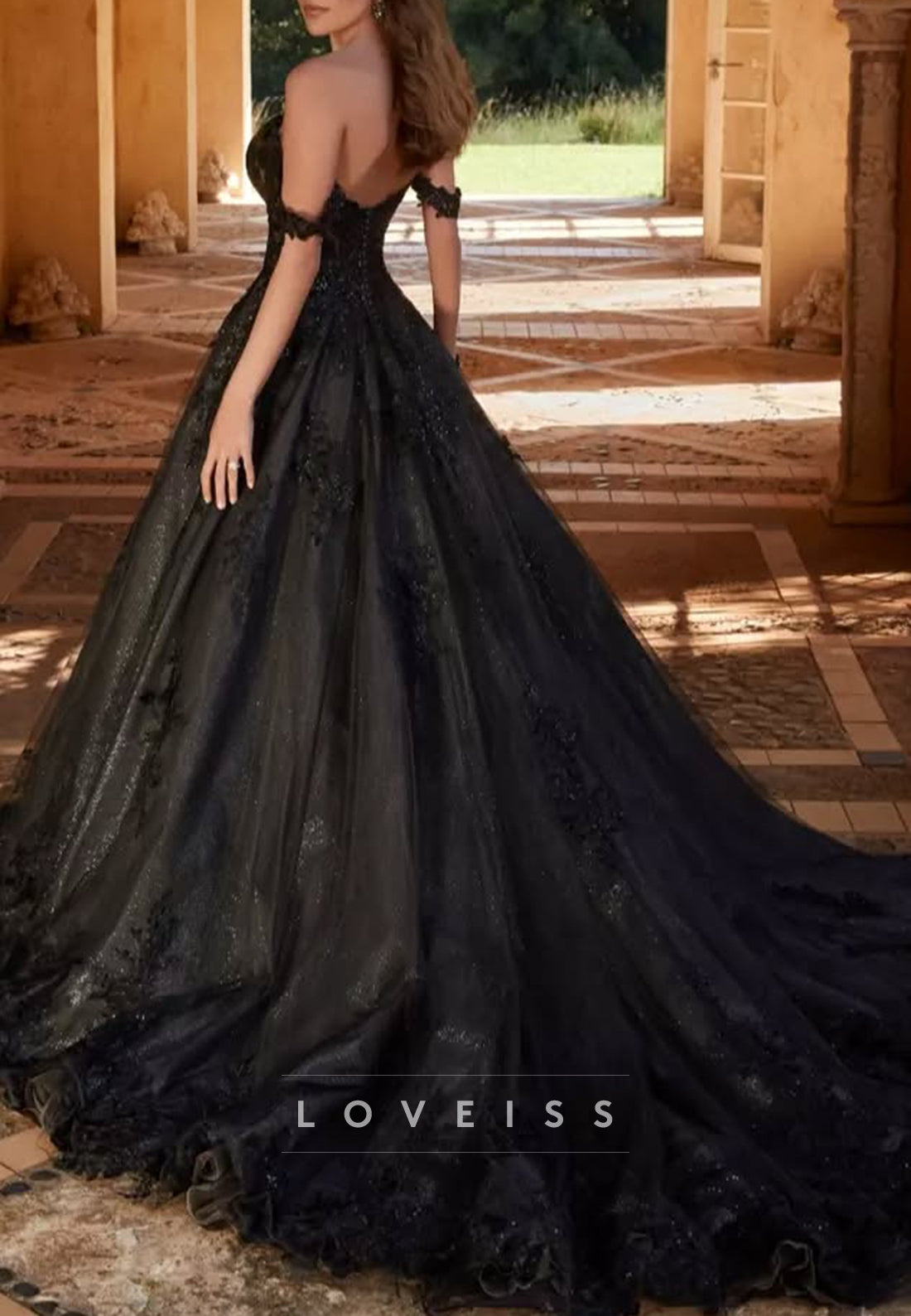 Off-Shoulder Sparkly Appliques Ball Gown Black Wedding Dress