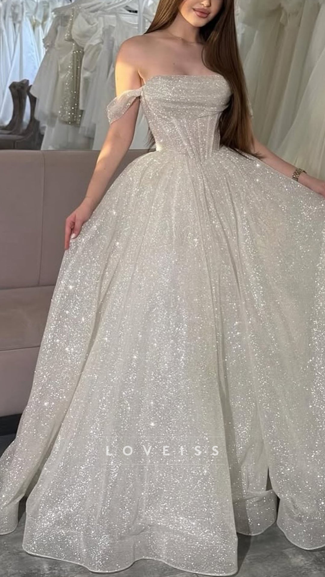 Off-Shoulder Sparkly Sleeveless A-Line Prom Dress