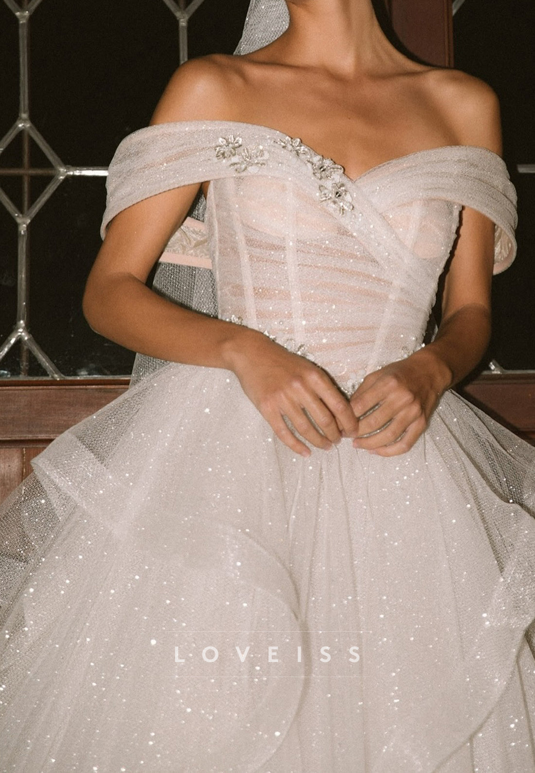 Off-Shoulder Sparkly Tiered Sleeveless Wedding Dress