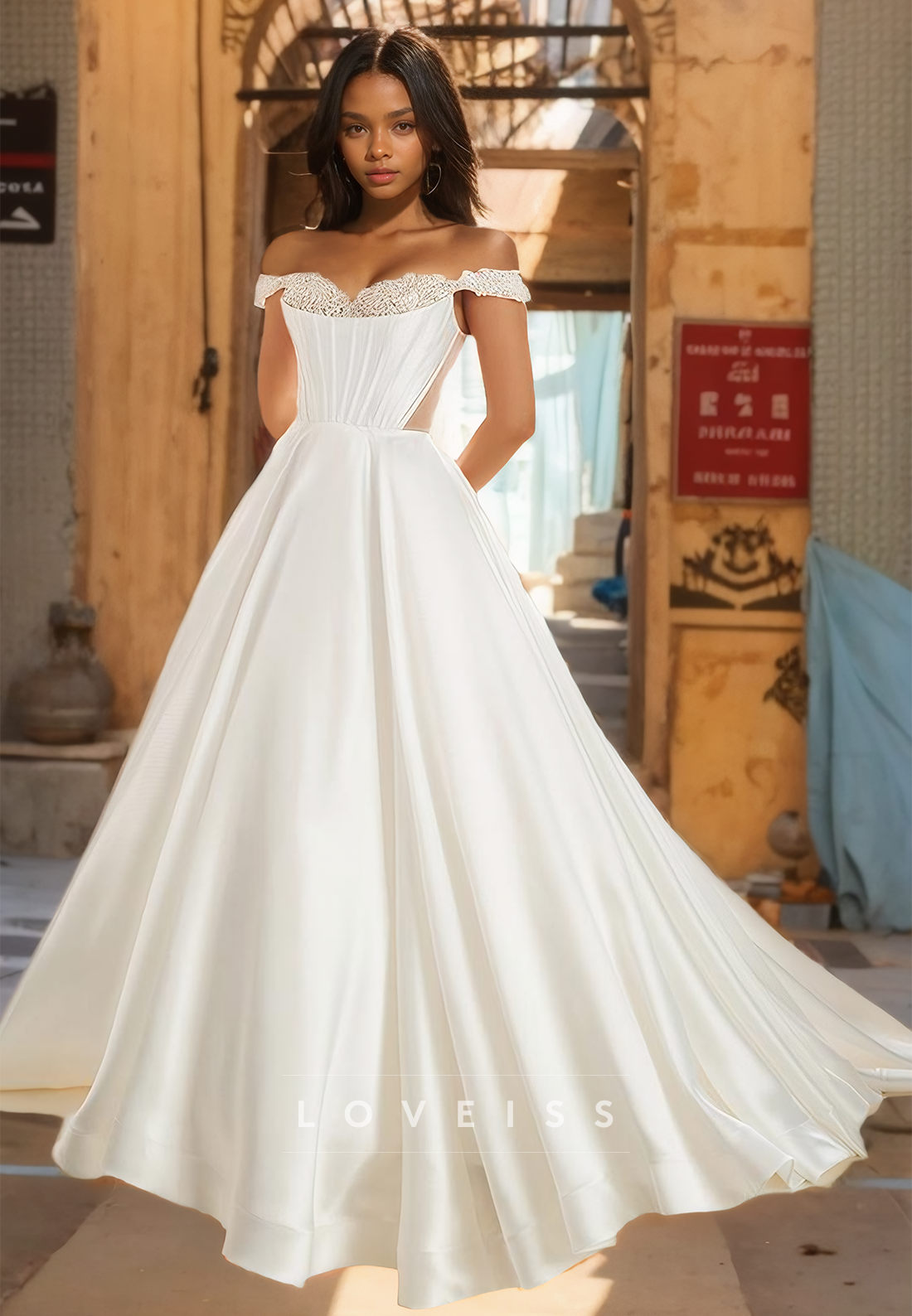 Off-Shoulder Strapless Appliques Corset Beaded Pleated Satin A-Line Prom Dress