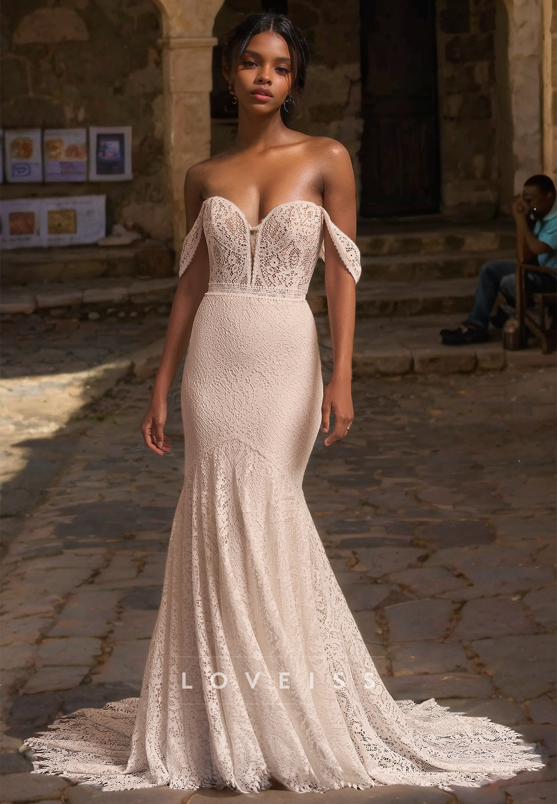 Off-Shoulder Strapless Appliques Mermaid Pleated Wedding Dress