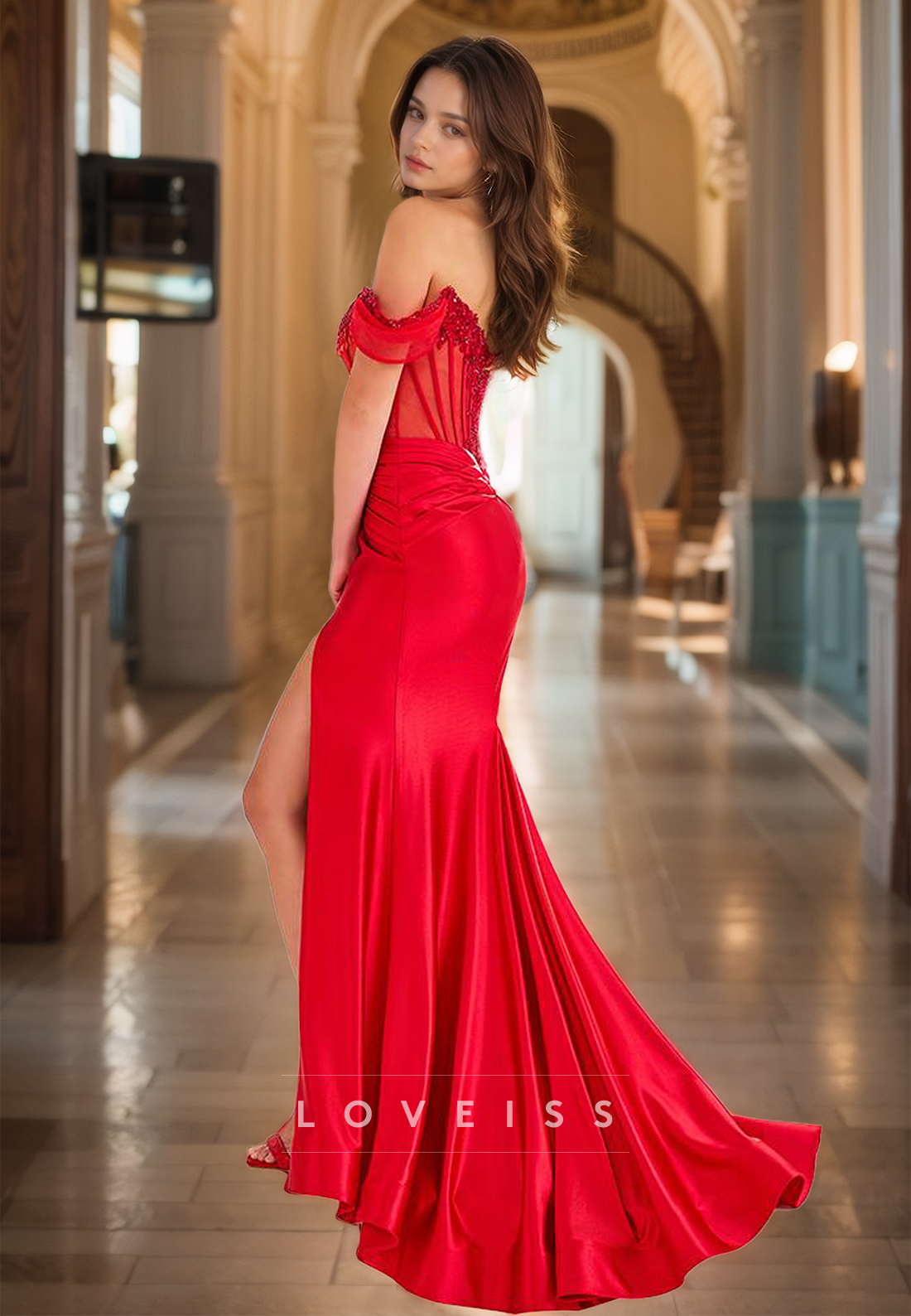 Off-Shoulder Strapless Appliques Pleated Mermaid Prom Dress