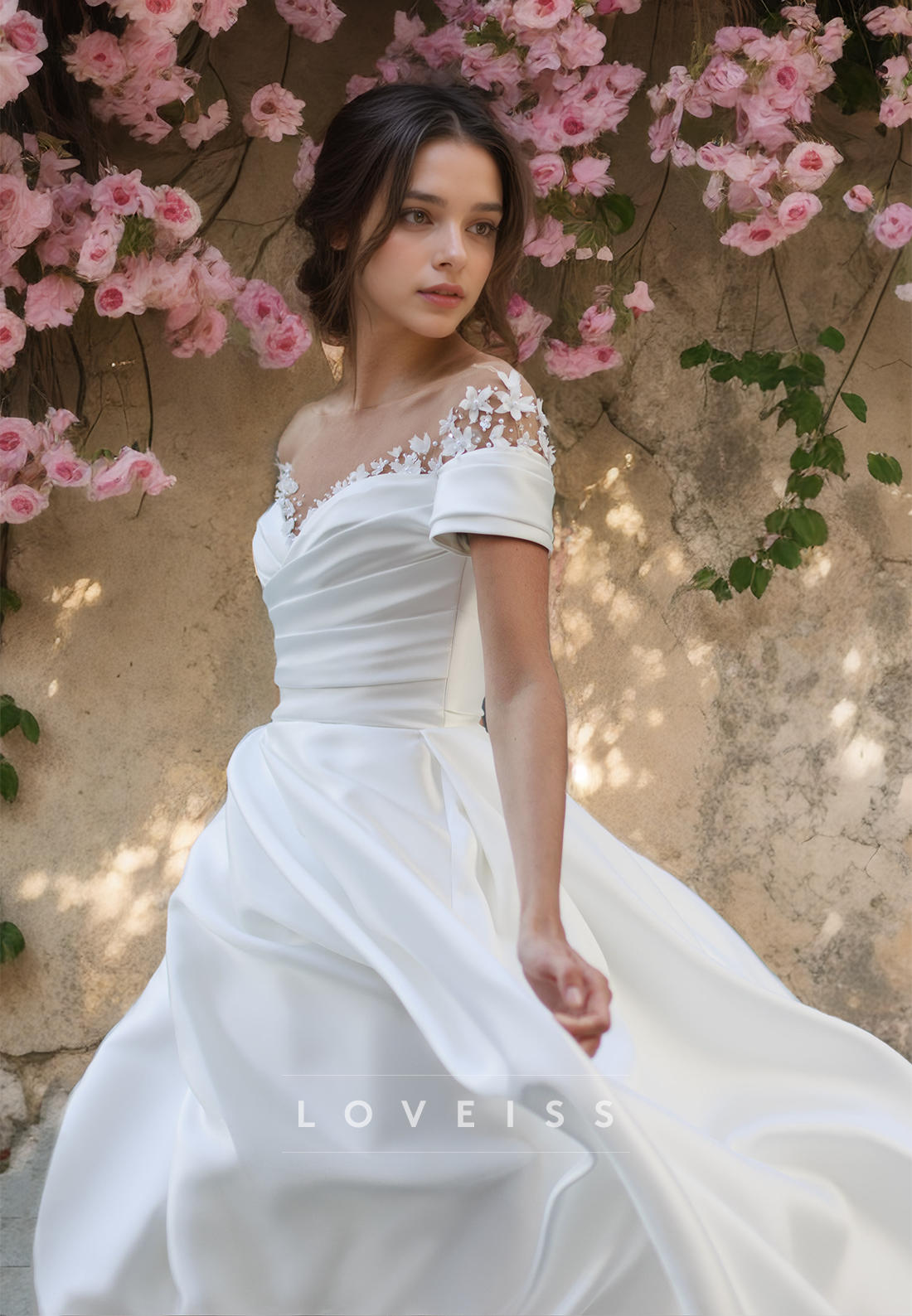 Off-Shoulder Strapless Appliques Pleated Sleek Satin A-Line Wedding Dress