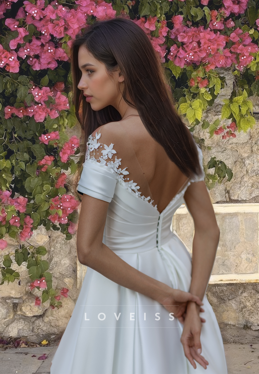 Off-Shoulder Strapless Appliques Pleated Sleek Satin A-Line Wedding Dress
