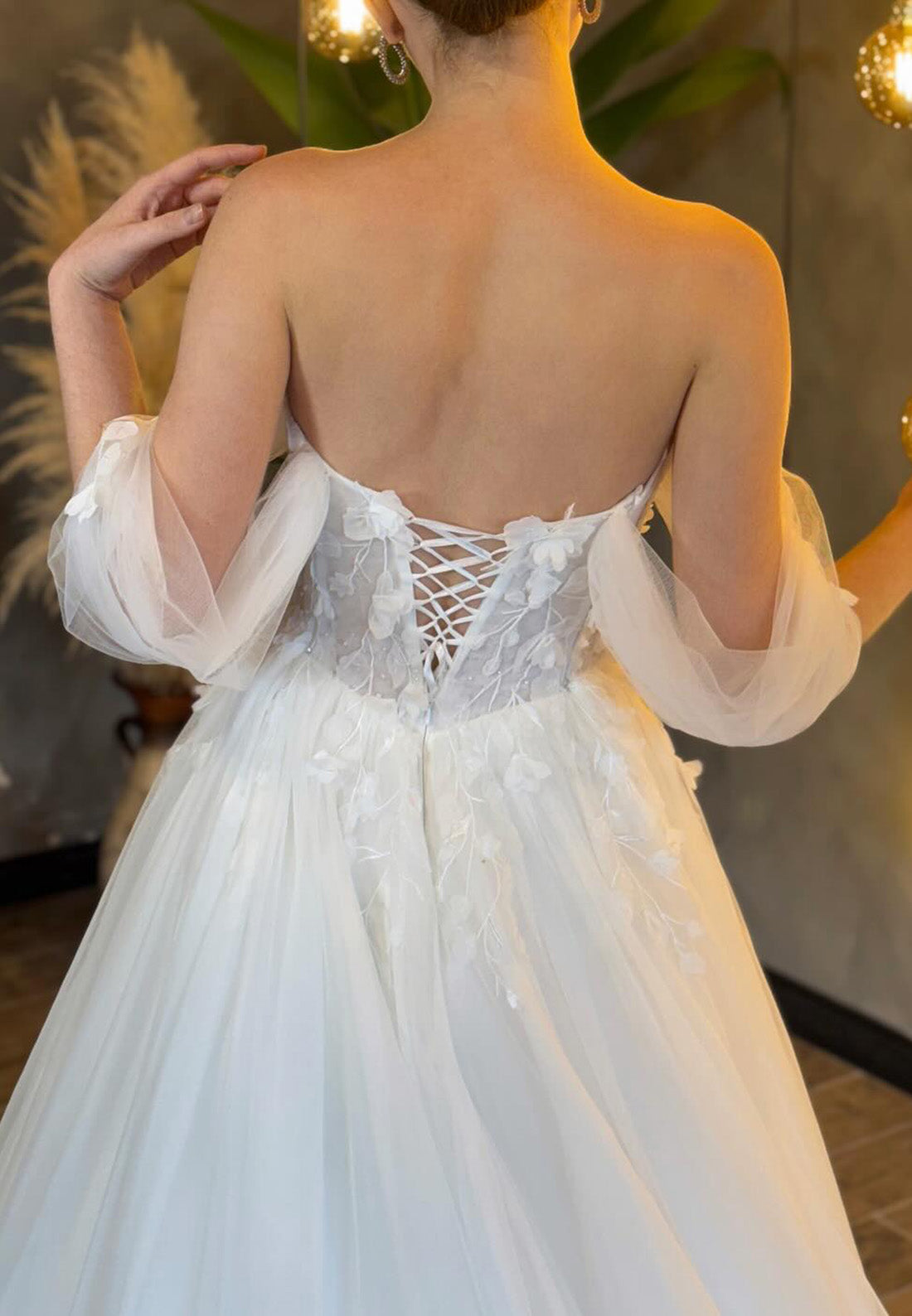 Off-Shoulder Strapless Appliques Pleated Tulle Ball Gown Wedding Dress