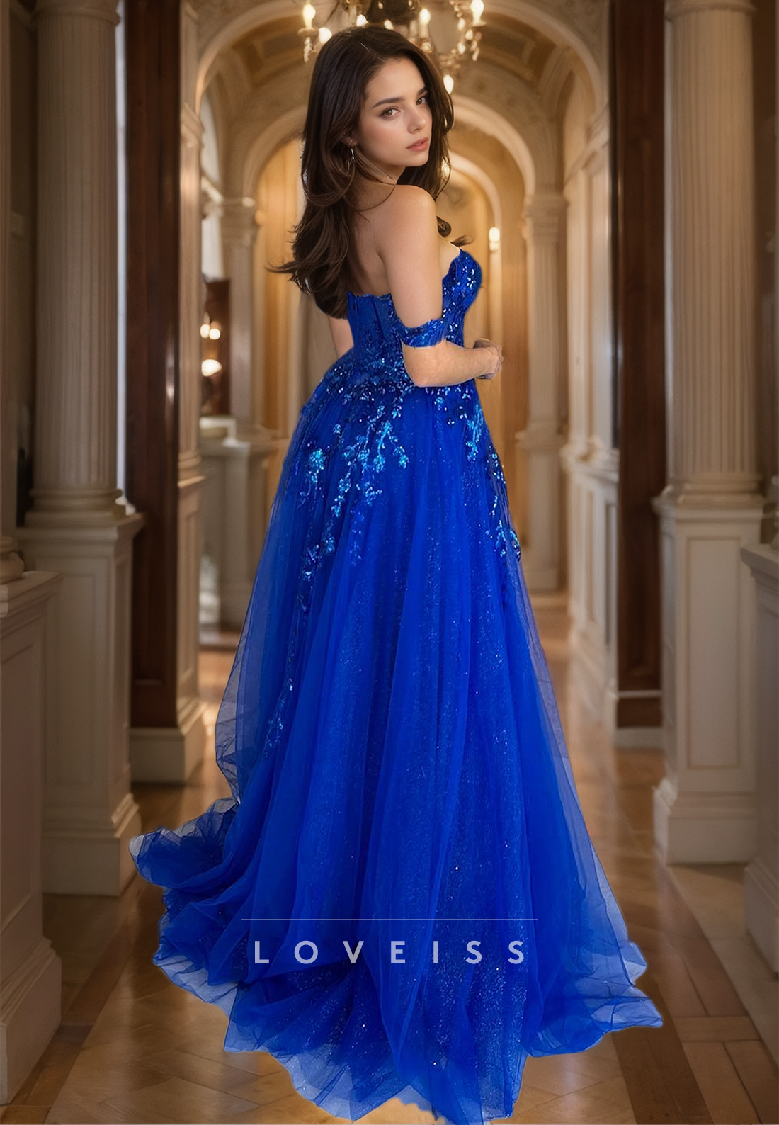 Off-Shoulder Strapless Appliuqes Tulle Sparkly A-Line Prom Dress