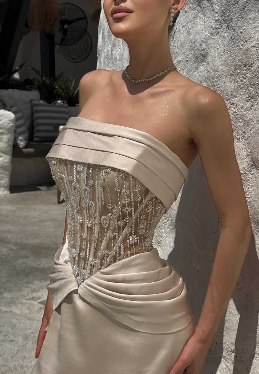 Off-Shoulder Strapless Beaded Emboridery Pleated Sheath Evening Dress