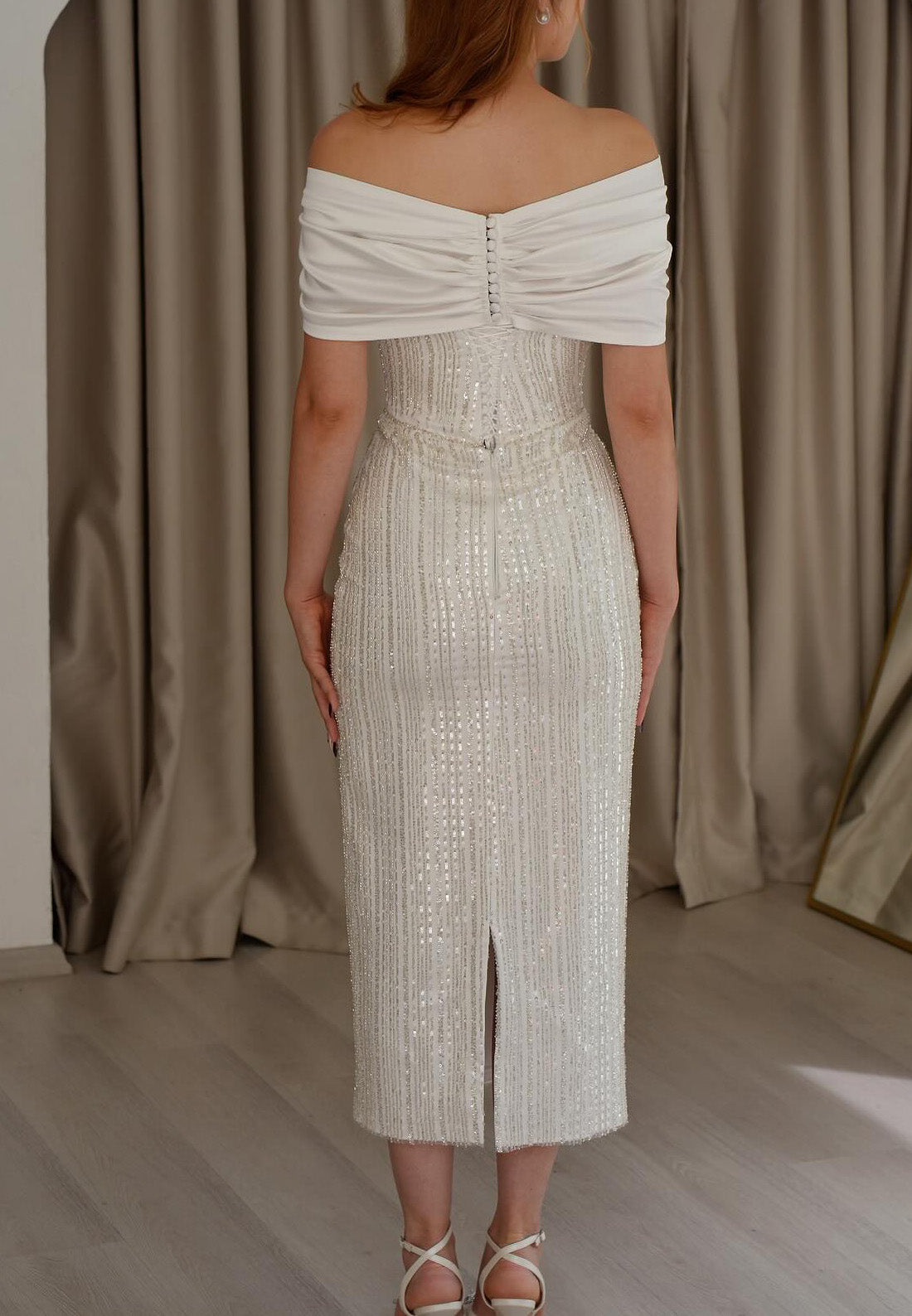 Off-Shoulder Strapless Beaded Embroidery Sheath Mother of Bride Dress