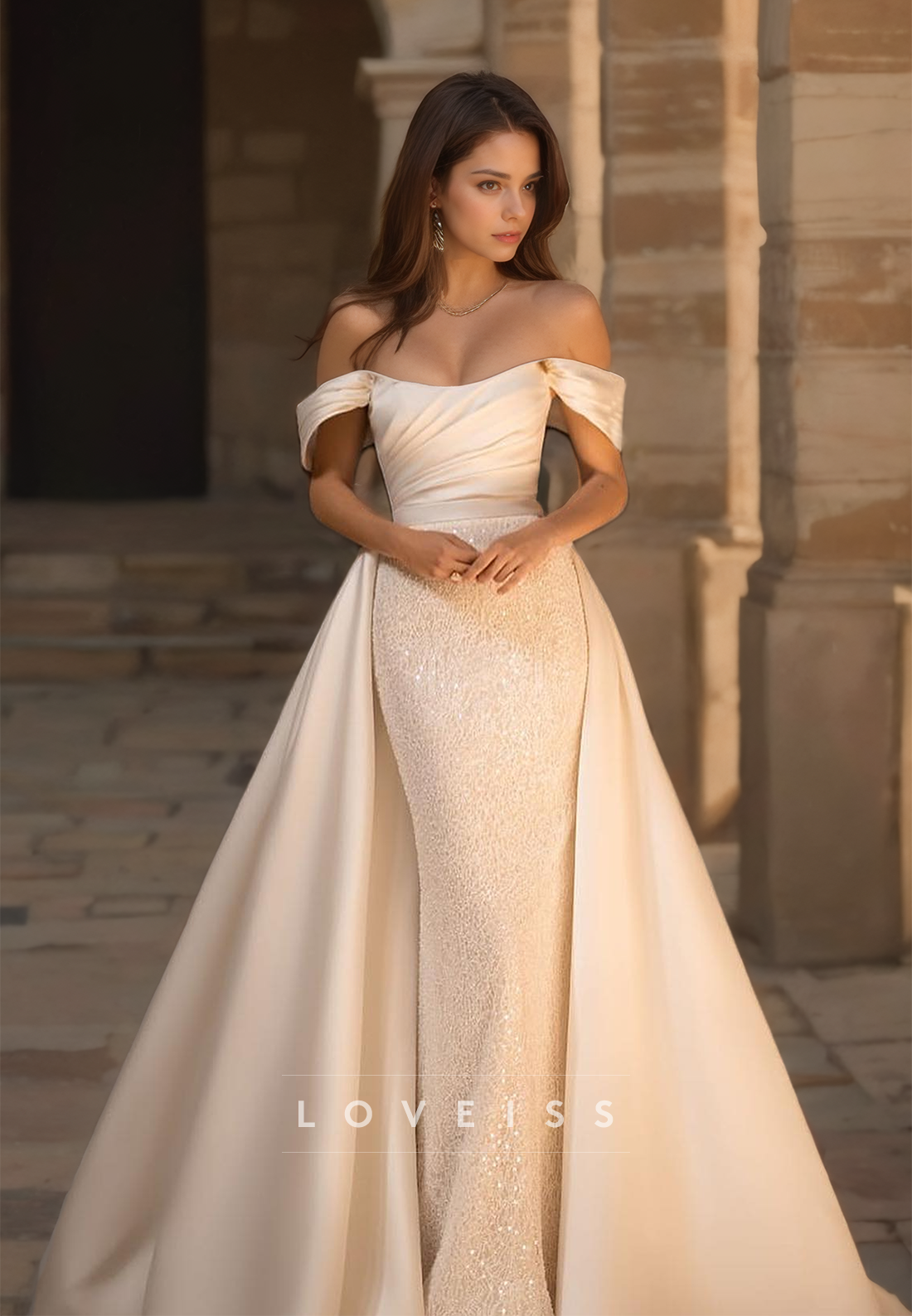 Off-Shoulder Strapless Beaded Mermaid Removable Train Wedding Dress
