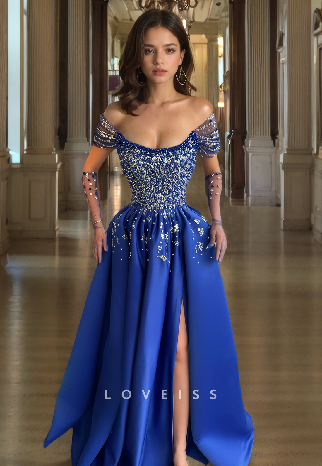 Off-Shoulder Strapless Beaded Pleated Sparkly A-Line Prom Dress