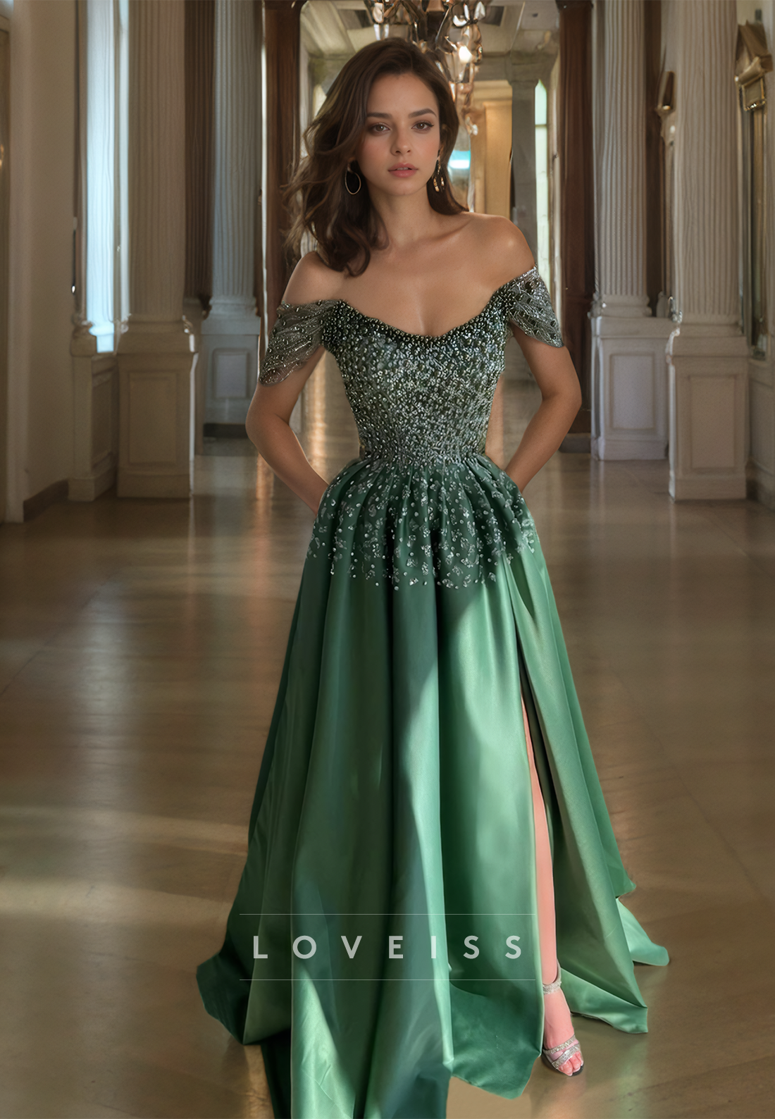 Off-Shoulder Strapless Beaded Pleated Sparkly A-Line Prom Dress