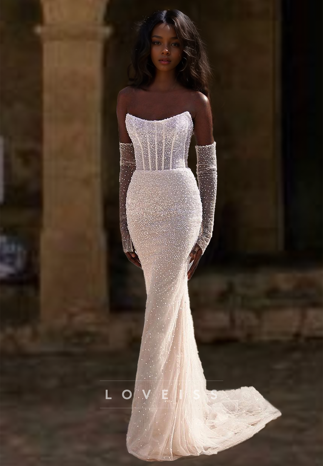 Off-Shoulder Strapless Beaded Sparkly Mermaid Wedding Dress Loveiss Off-Shoulder Strapless Beaded Sparkly Mermaid Wedding Dress Loveiss