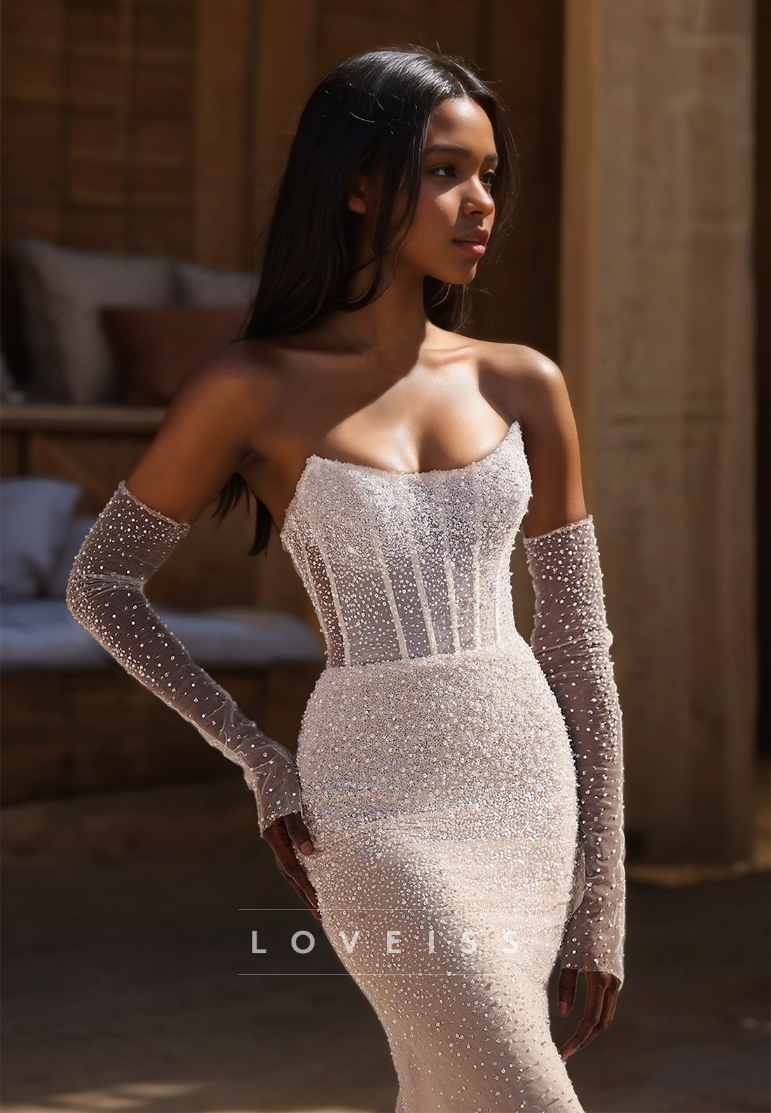 Off-Shoulder Strapless Beaded Sparkly Mermaid Wedding Dress