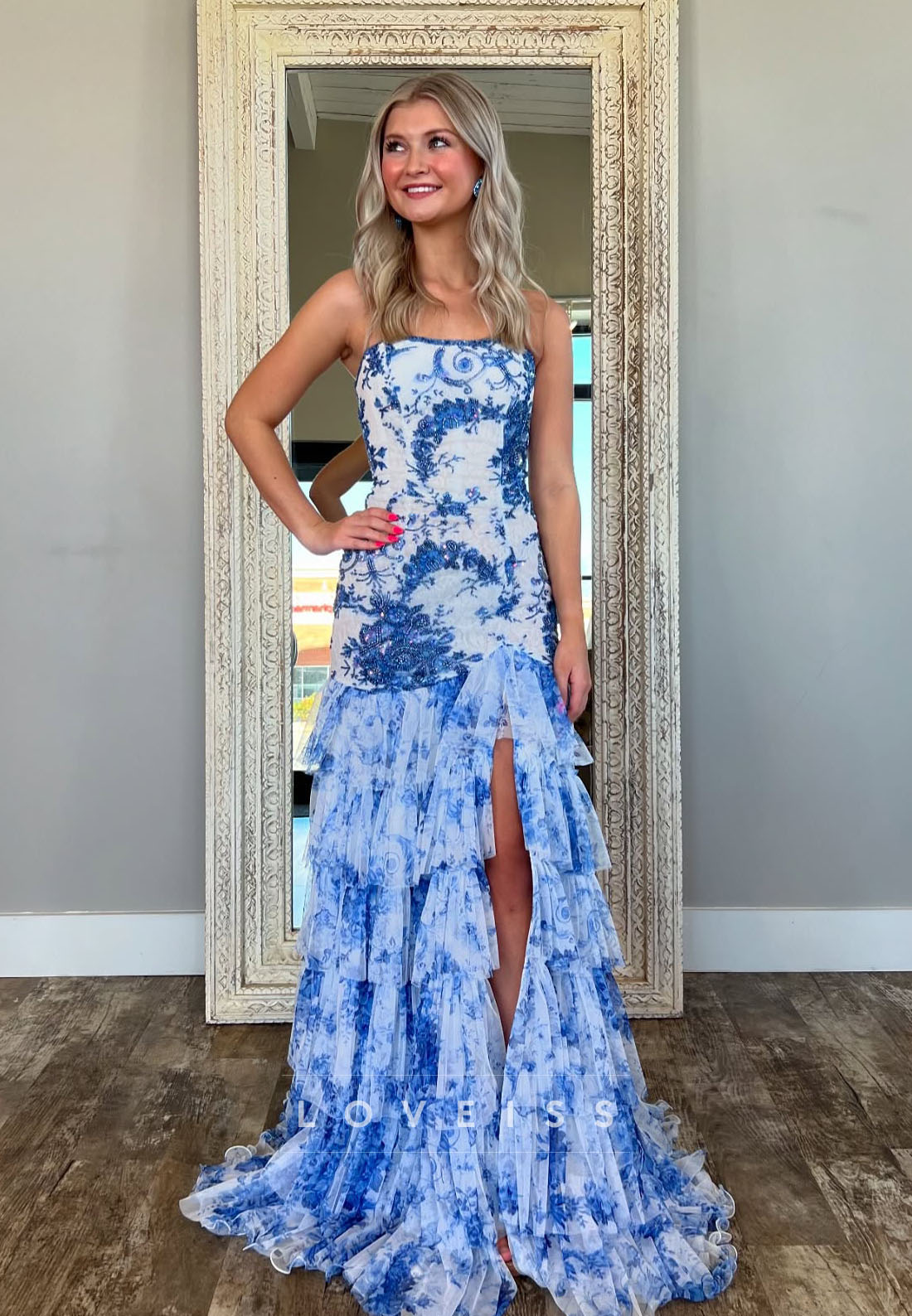 Off-Shoulder Strapless Chiffon Floral Tiered Sheath Prom Dress