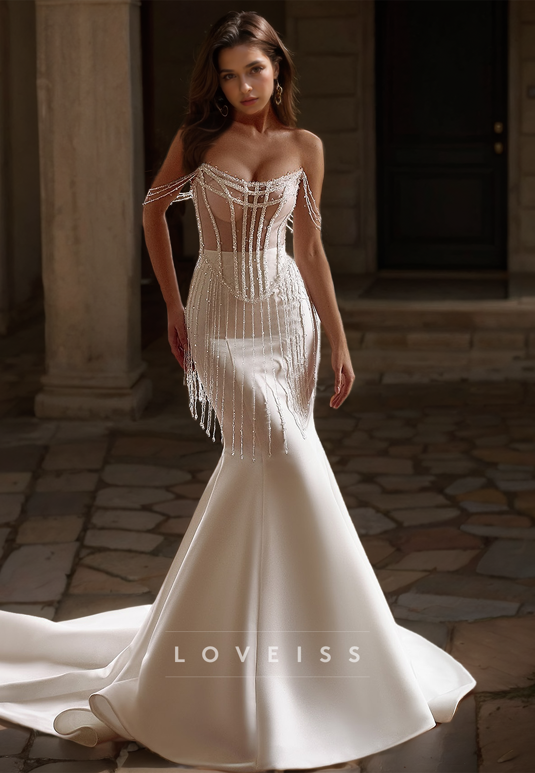 Off-Shoulder Strapless Corset Sleek Frindge Beaded Mermaid Wedding Dre Loveiss Off-Shoulder Strapless Corset Sleek Frindge Beaded Mermaid Wedding Dre Loveiss