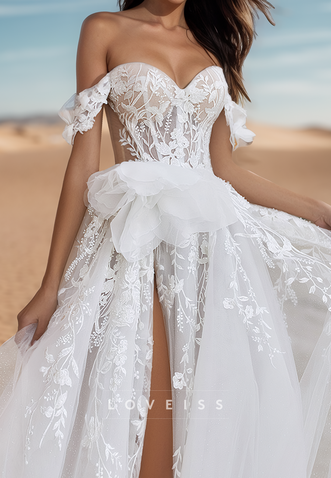 Off-Shoulder Strapless Floral Appliques Tulle A-Line Beach Wedding Dress