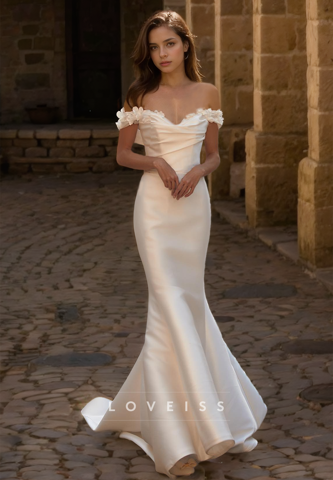 Off-Shoulder Strapless Floral Embellished Sleek Satin Removable Train Mermaid Dress