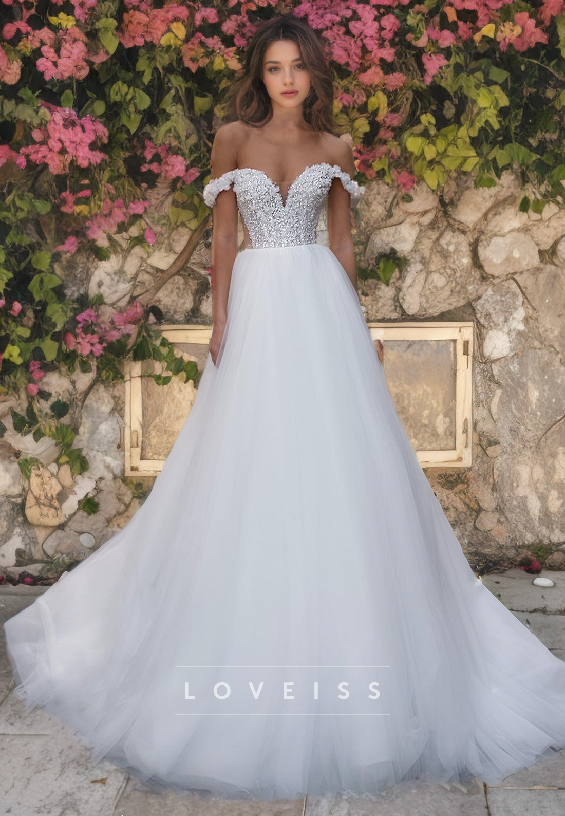 Off-Shoulder Strapless Floral Embellished Tulle A-Line Weding Dress