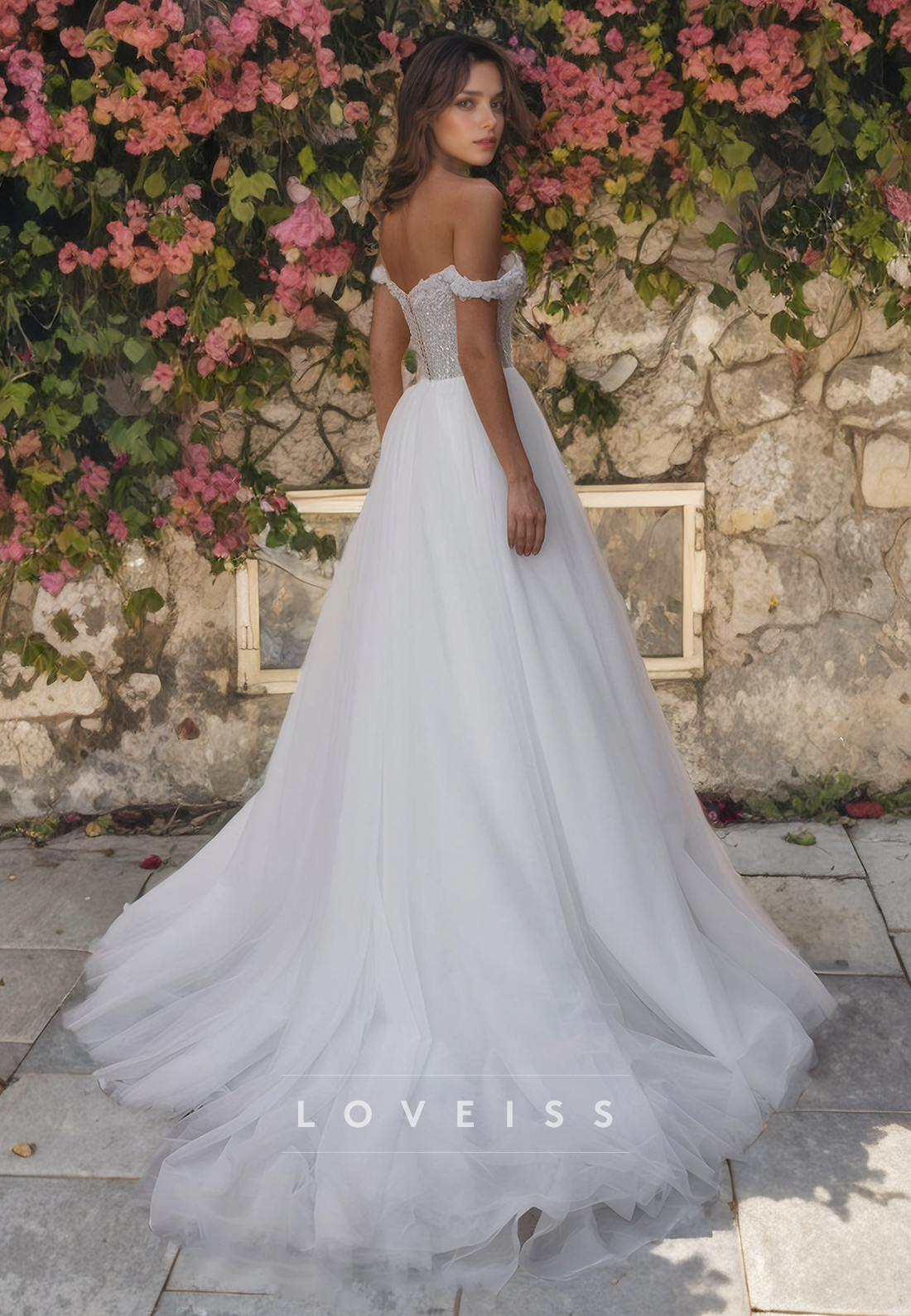 Off-Shoulder Strapless Floral Embellished Tulle A-Line Weding Dress