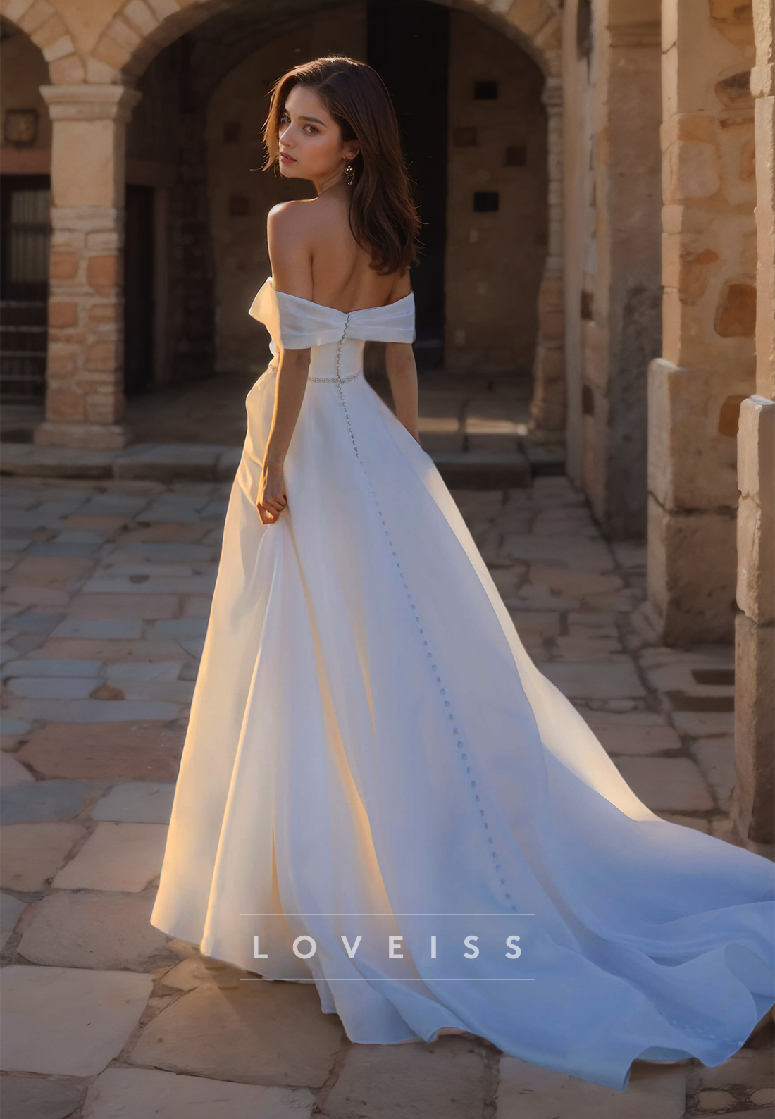 Off-Shoulder Strapless High Slit Sleek Satin A-Line Beach Wedding Dress