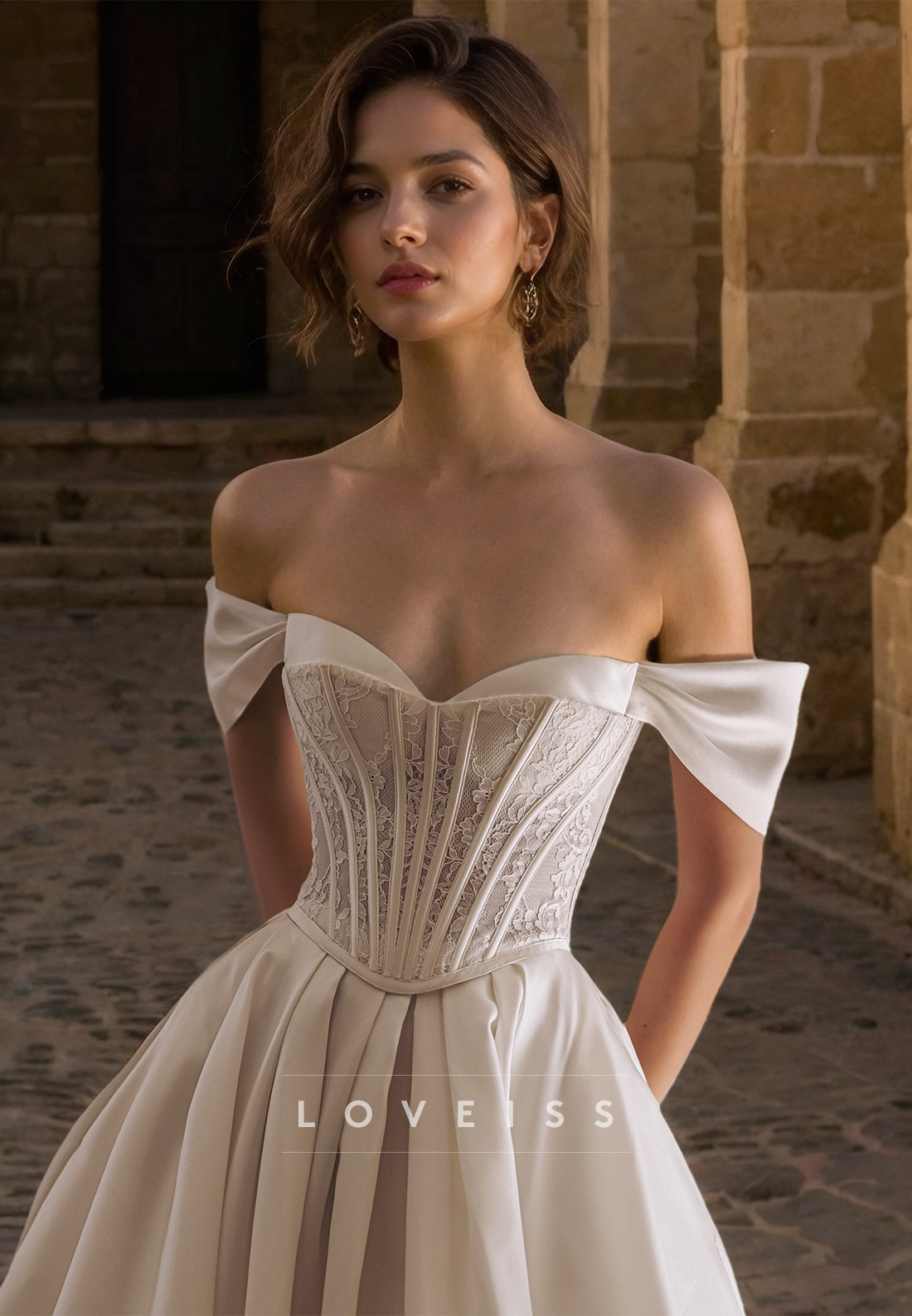 Off-Shoulder Strapless Lace Appliques Corset Pleated A-Line Wedding Dress