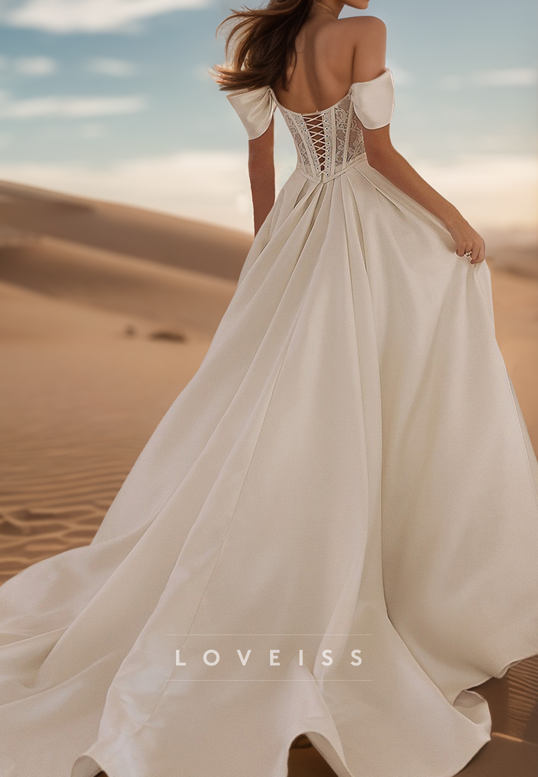 Off-Shoulder Strapless Lace Appliques Pleated Satin A-Line Wedding Dress