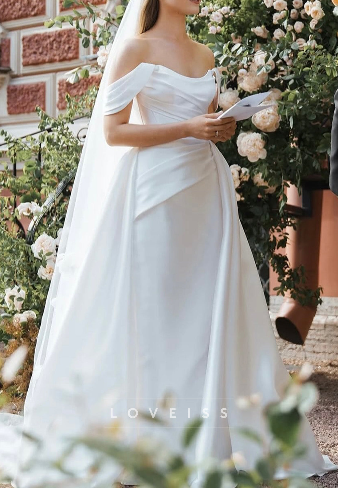 Off-Shoulder Strapless Pleated Satin Sheath Wedding Dress