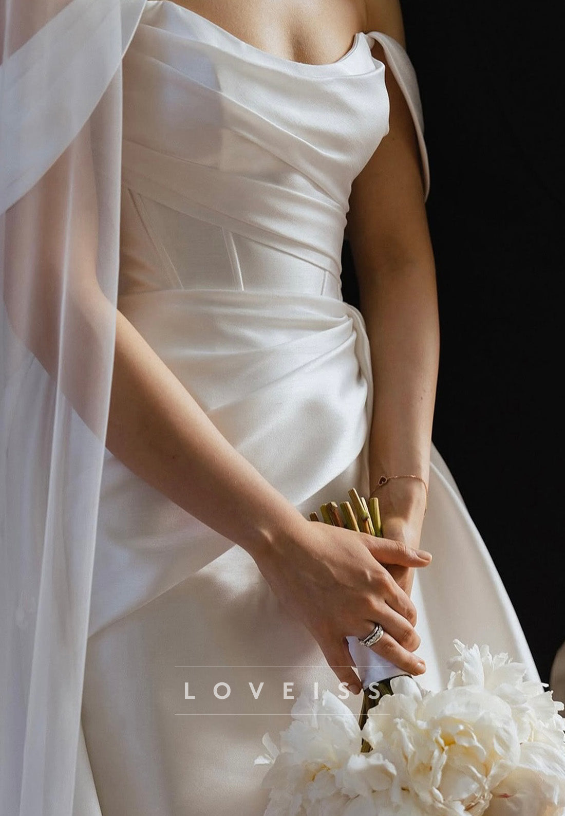 Off-Shoulder Strapless Pleated Satin Sheath Wedding Dress
