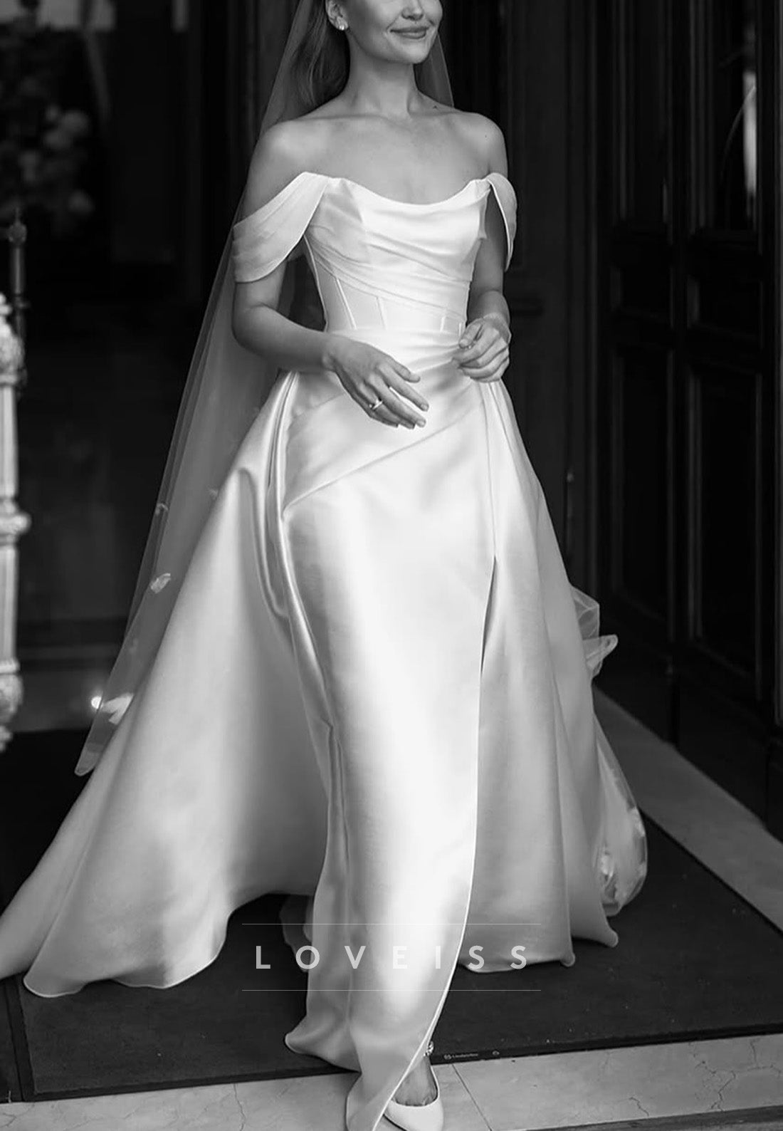 Off-Shoulder Strapless Pleated Satin Sheath Wedding Dress