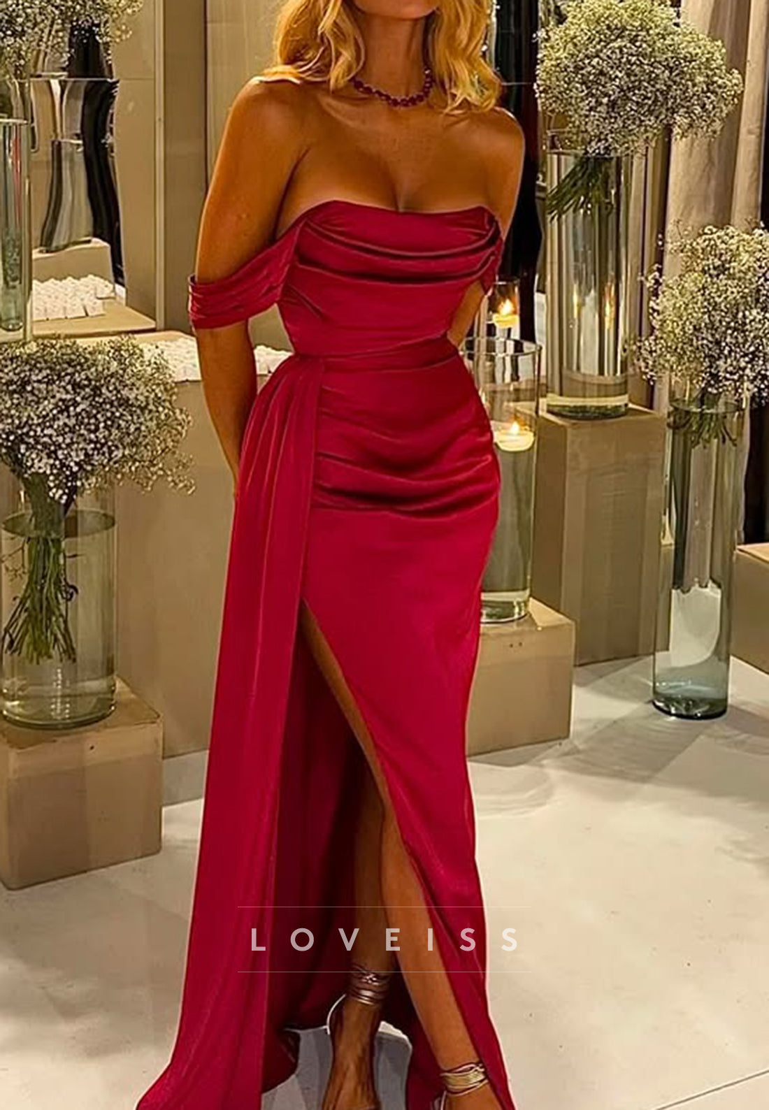 Off-Shoulder Strapless Pleated Sheath Formal Dress