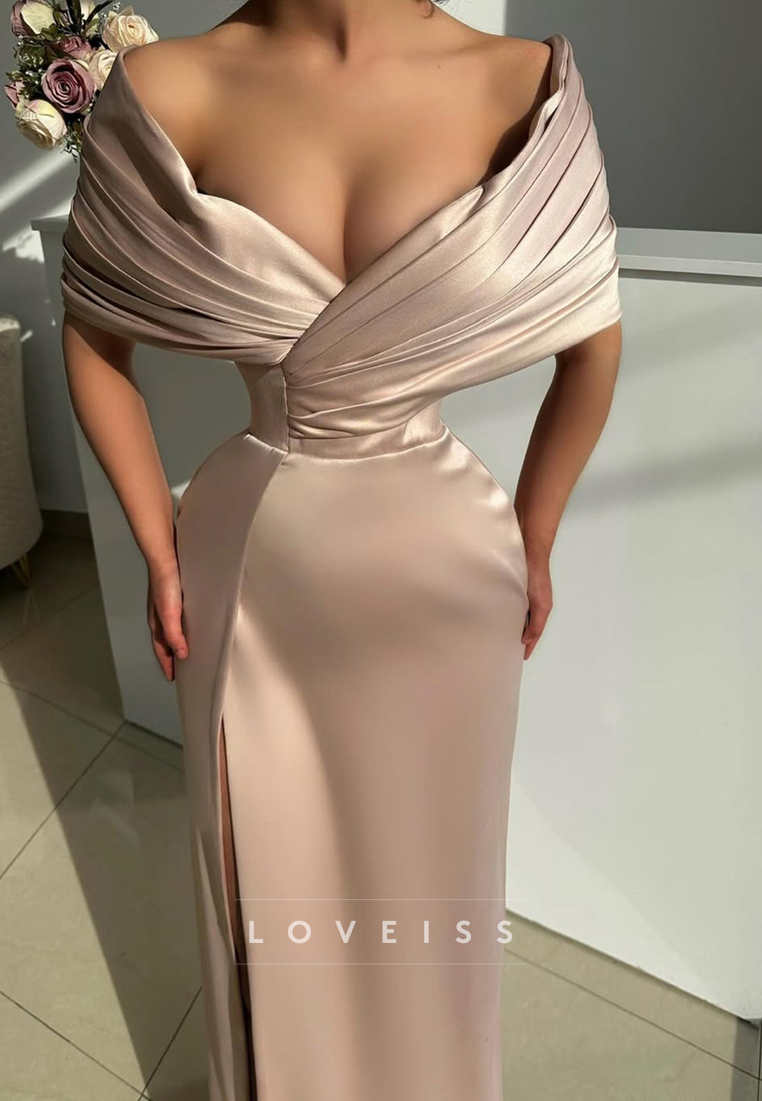 Off-Shoulder Strapless Pleated Sleek Prom Dress Sheath Evening Dress