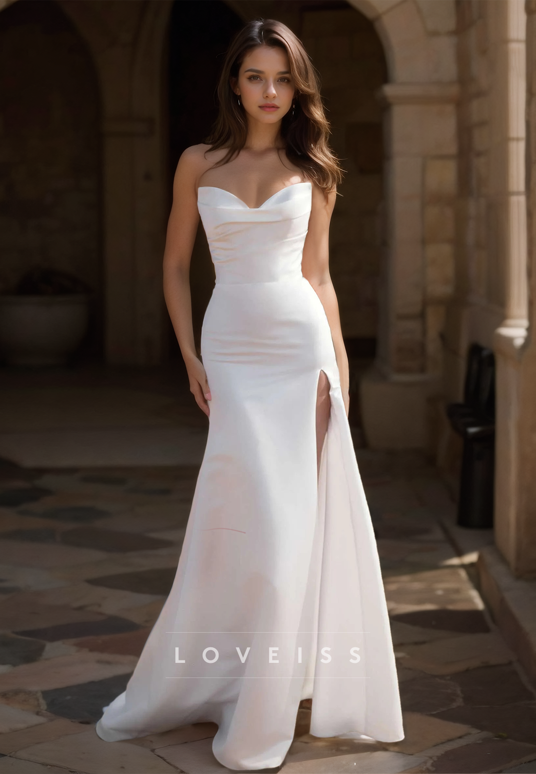 Off-Shoulder Strapless Ruched High Slit Simple Beach Wedding Dress