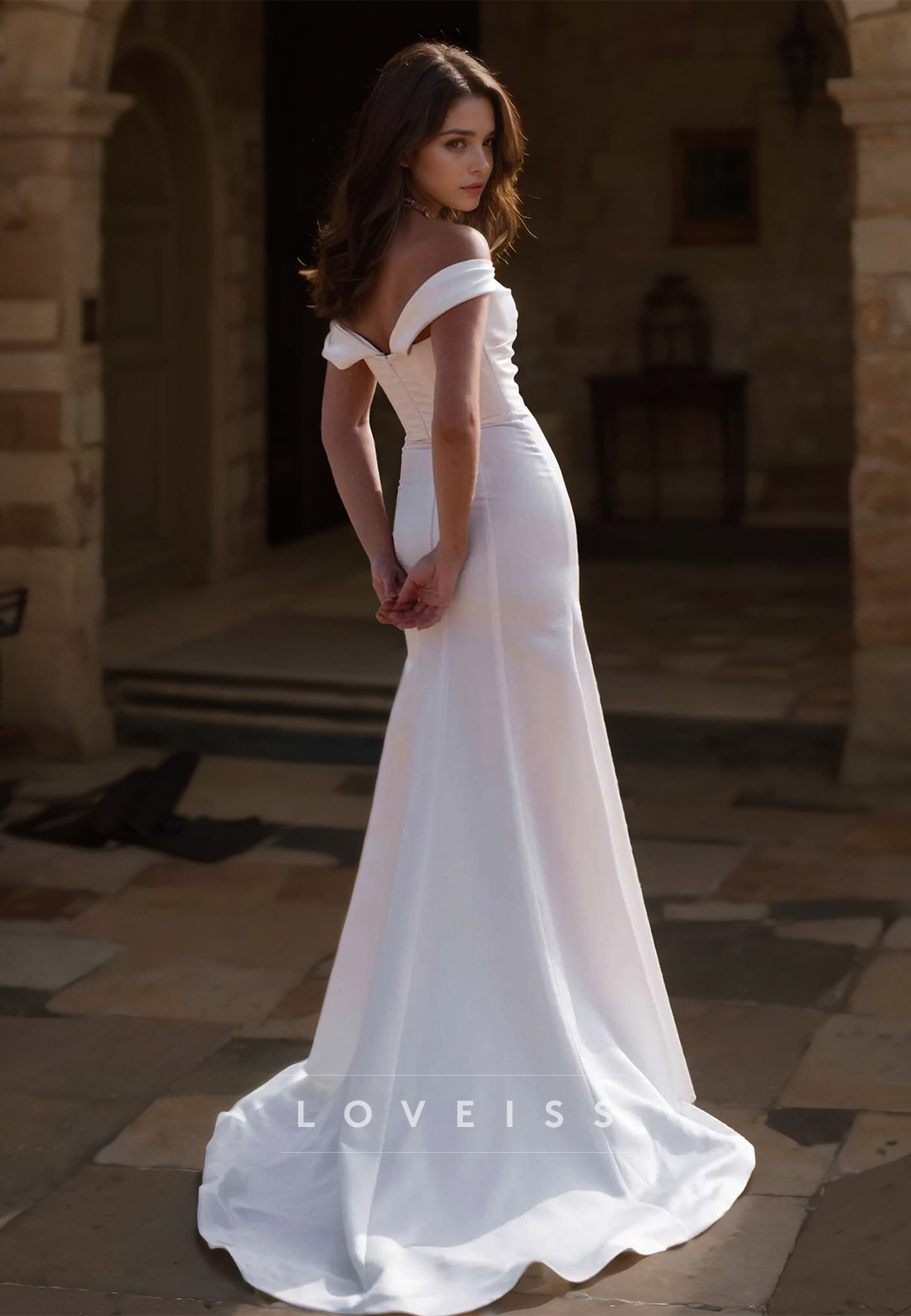 Off-Shoulder Strapless Ruched High Slit Simple Beach Wedding Dress
