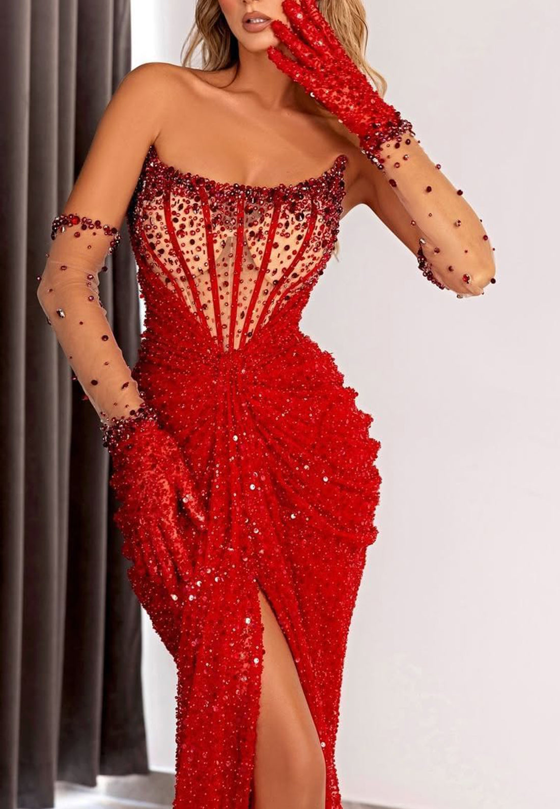 Off-Shoulder Strapless Sequins Beaded Sparkly Prom Dress