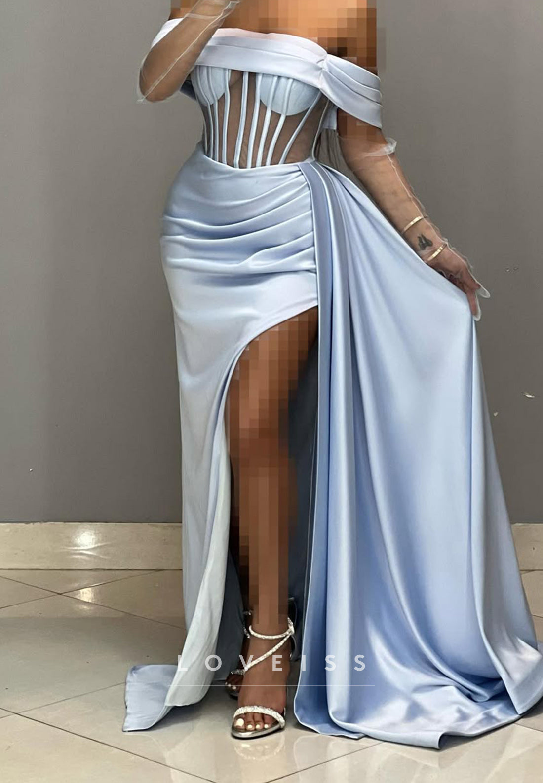 Off-Shoulder Strapless Sheer PPleated Sheath Prom Dress