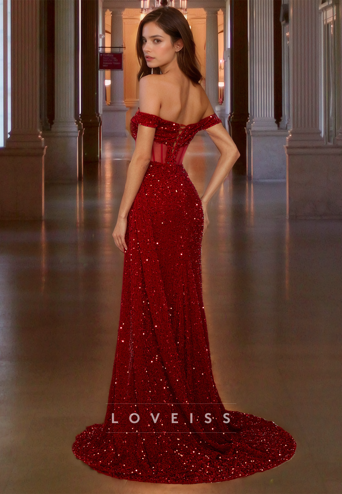 Off-Shoulder Strapless Sheer Sequins Side Slit Sheath Prom Dress
