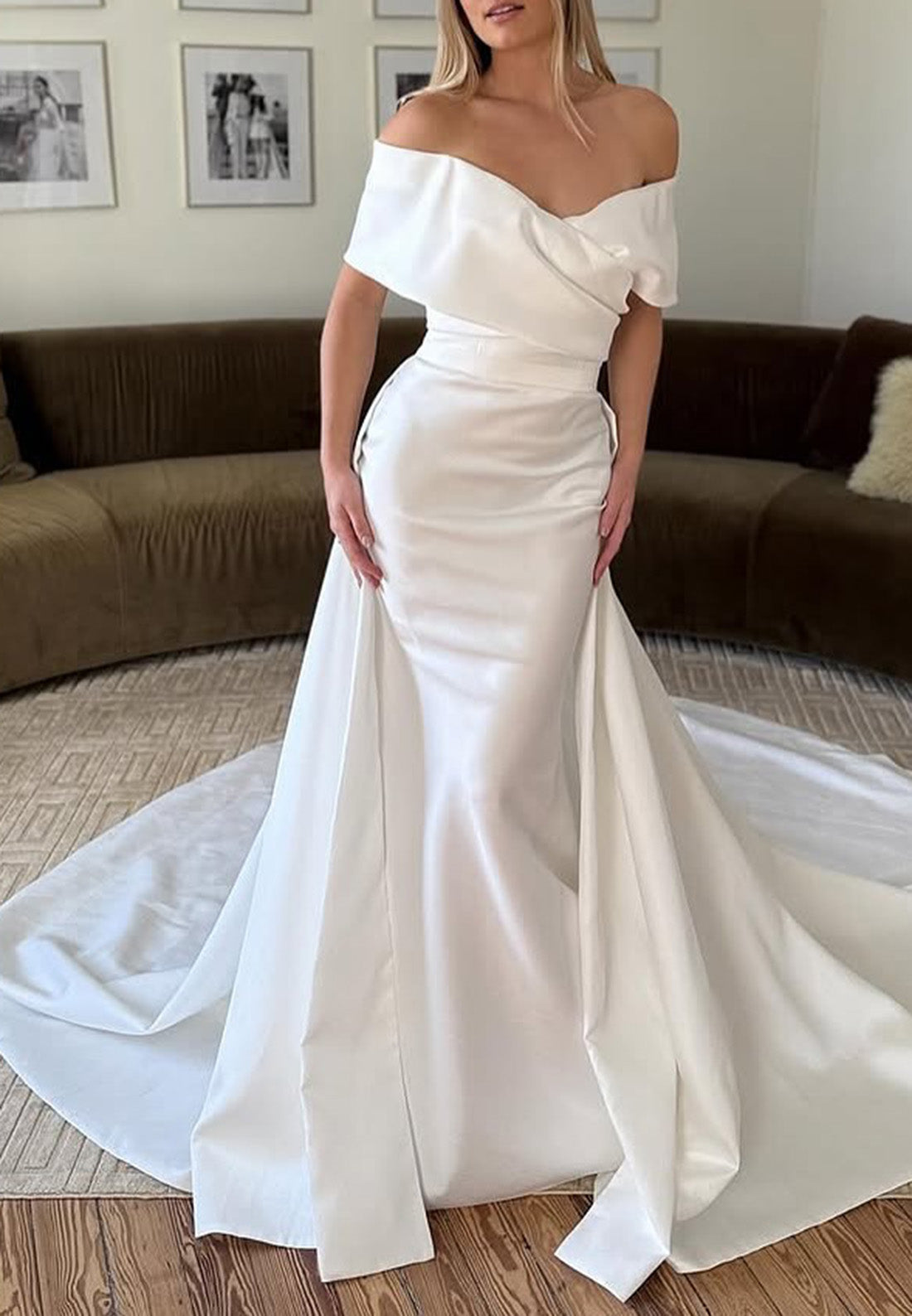 off shoulder satin mermaid wedding dress Mermaid Satin Lace Off Shoulder Wedding Dresses MW868
