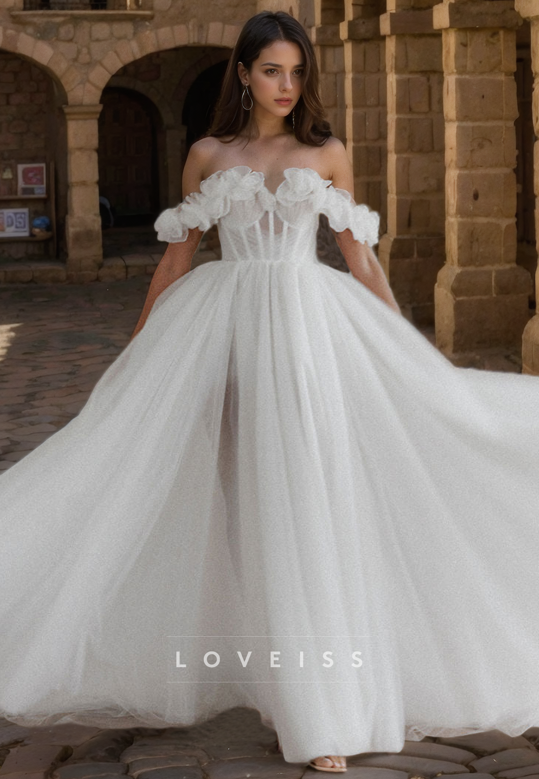 Off-Shoulder Strapless Tulle Ball Gown Wedding Dress