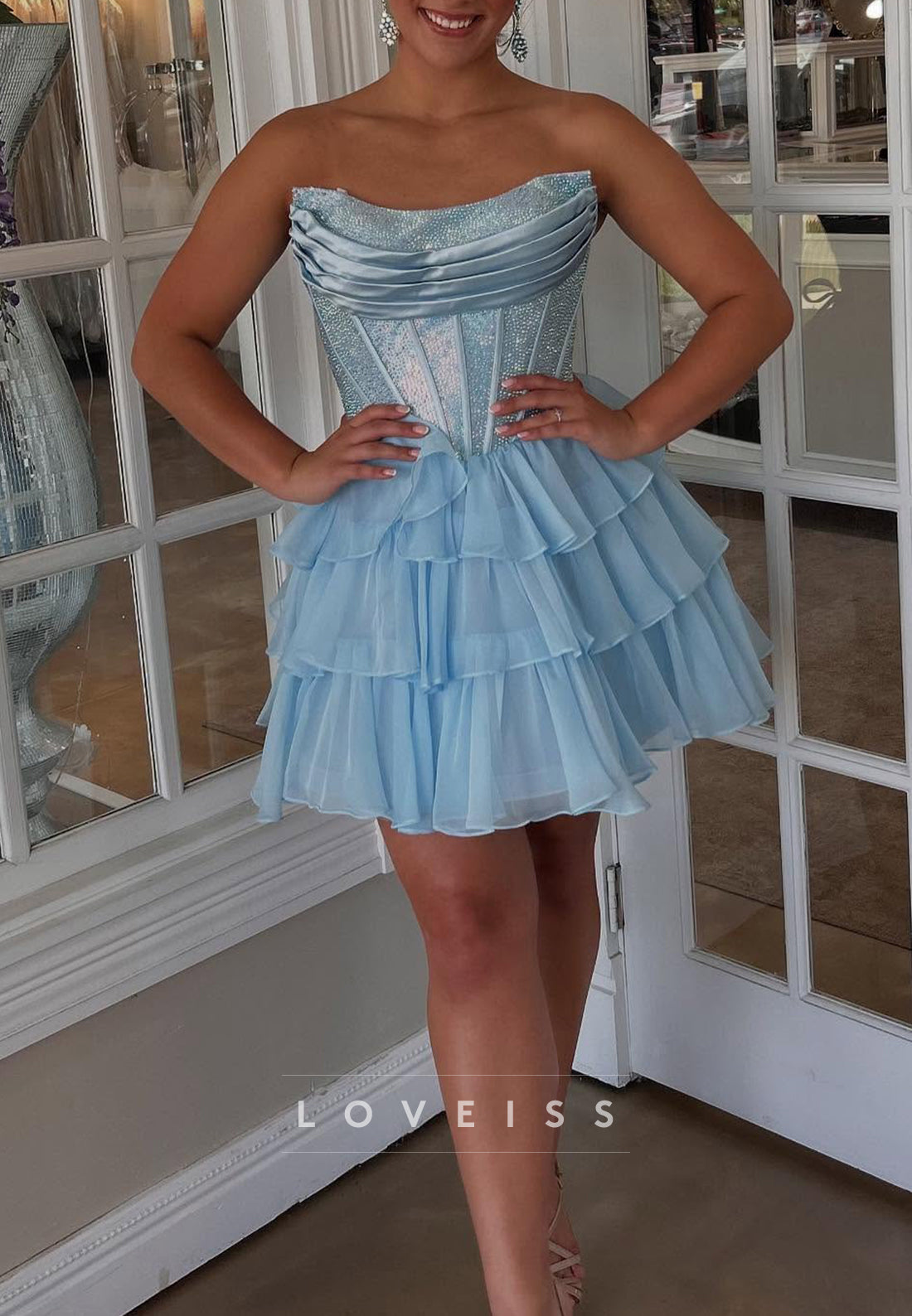Off-Shoulder Tiered Sparkly A-Line Homecoming Dess