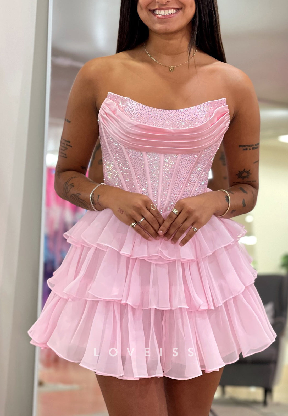 Off-Shoulder Tiered Sparkly A-Line Short Homecoming Dress