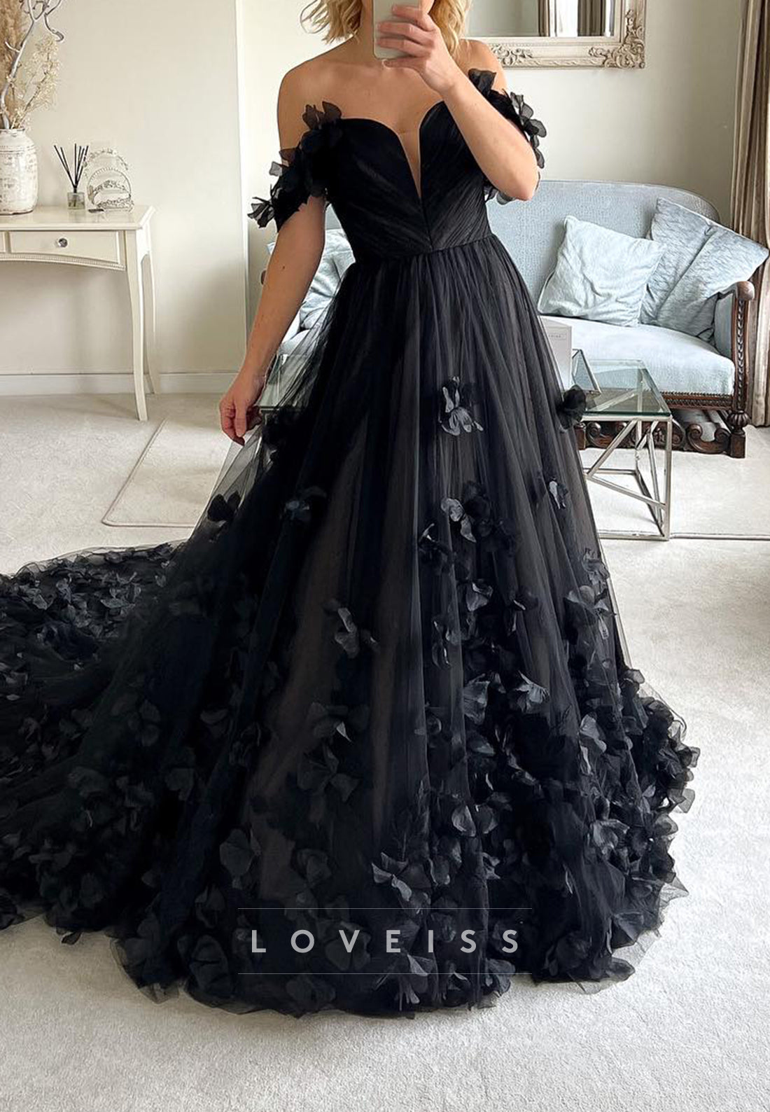 Off-Shoulder Tulle Floral Embellished A-Line Black Wedding Dress Loveiss Off-Shoulder Tulle Floral Embellished A-Line Black Wedding Dress Loveiss