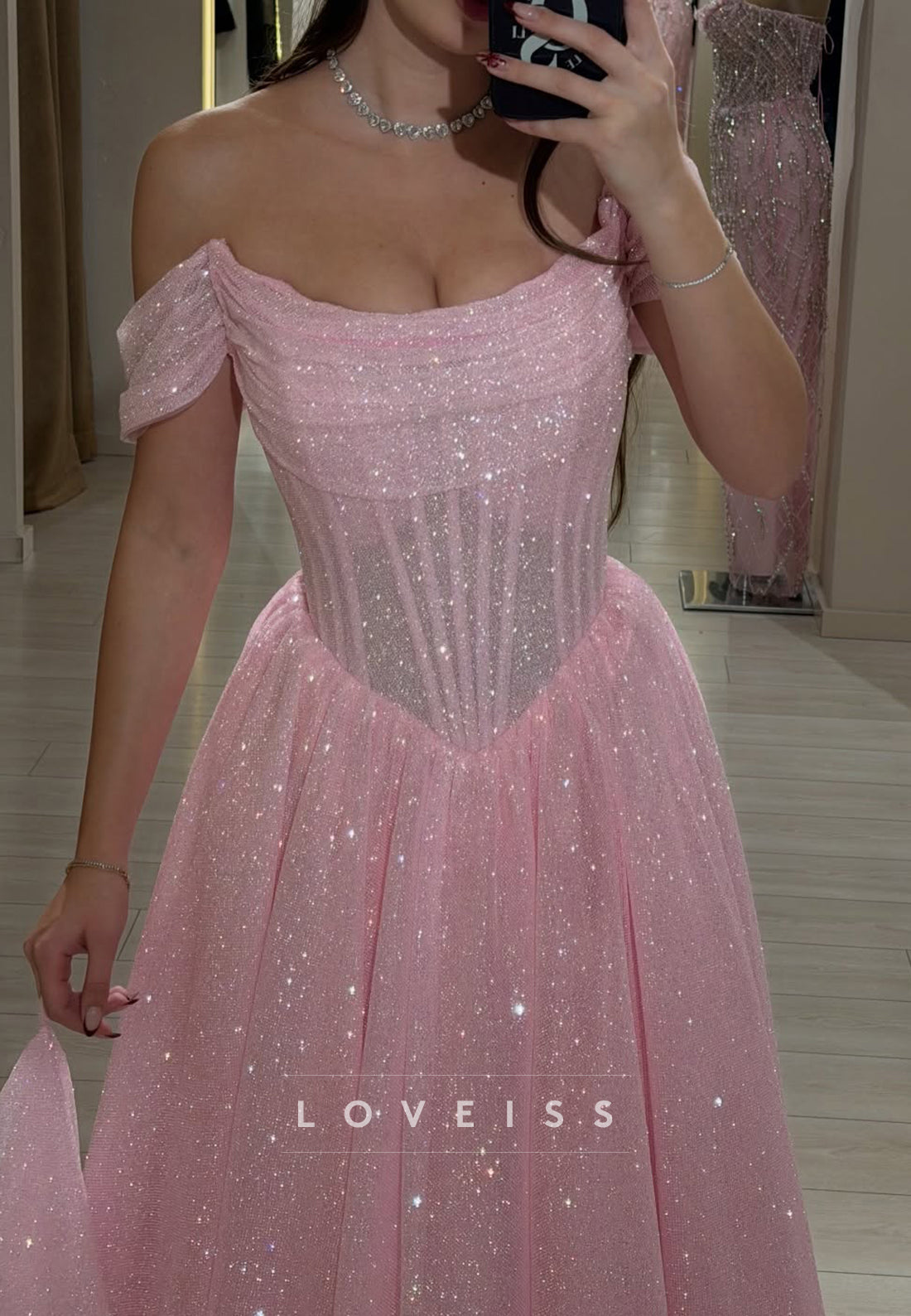 Off-Shoulder Tulle Sparkly A-Line Maxi Prom Dress