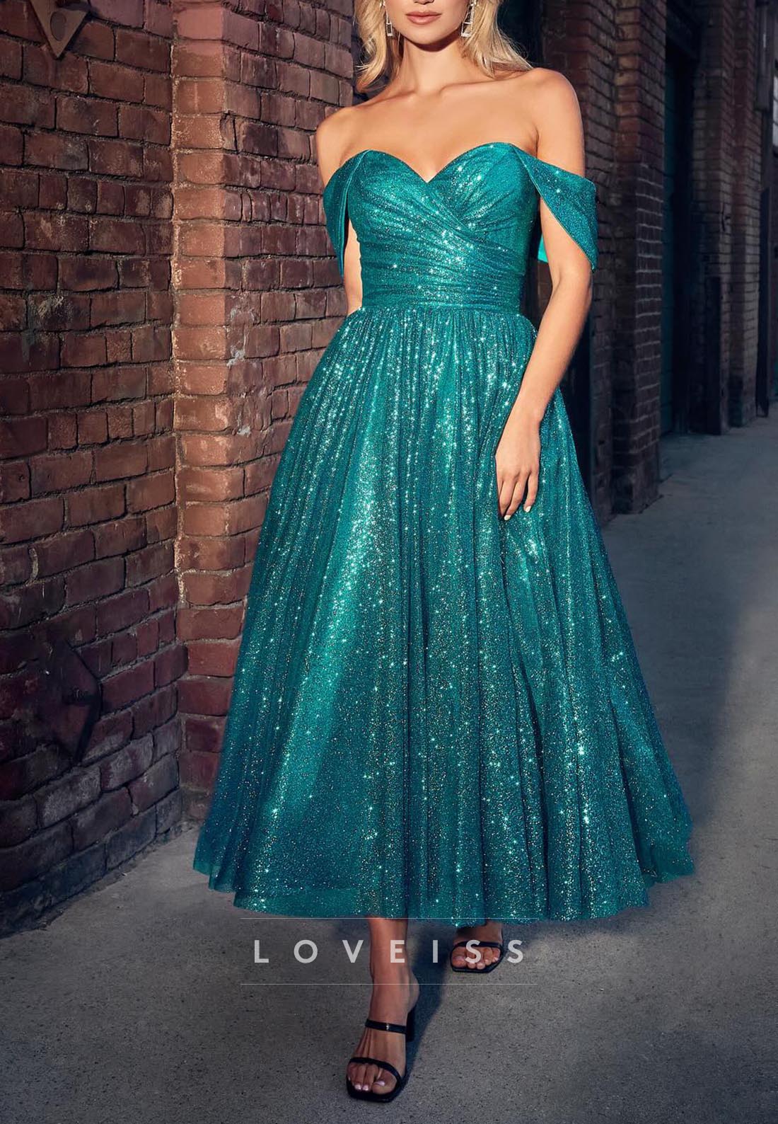 Off-Shoulder Tulle Sparkly Pleated A-Line Prom Dress