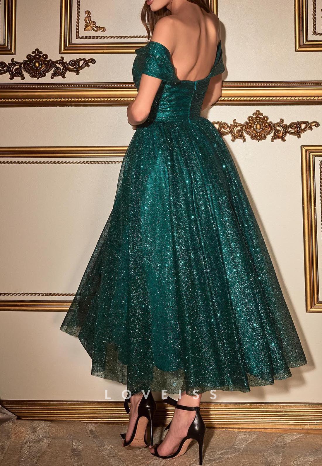 Off-Shoulder Tulle Sparkly Pleated A-Line Prom Dress