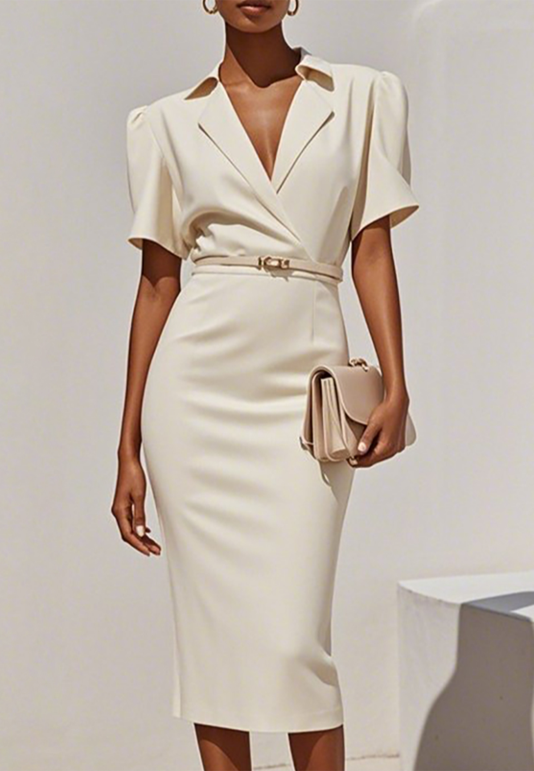 Off White Lapel Collar Sheath Midi Blazer Dress